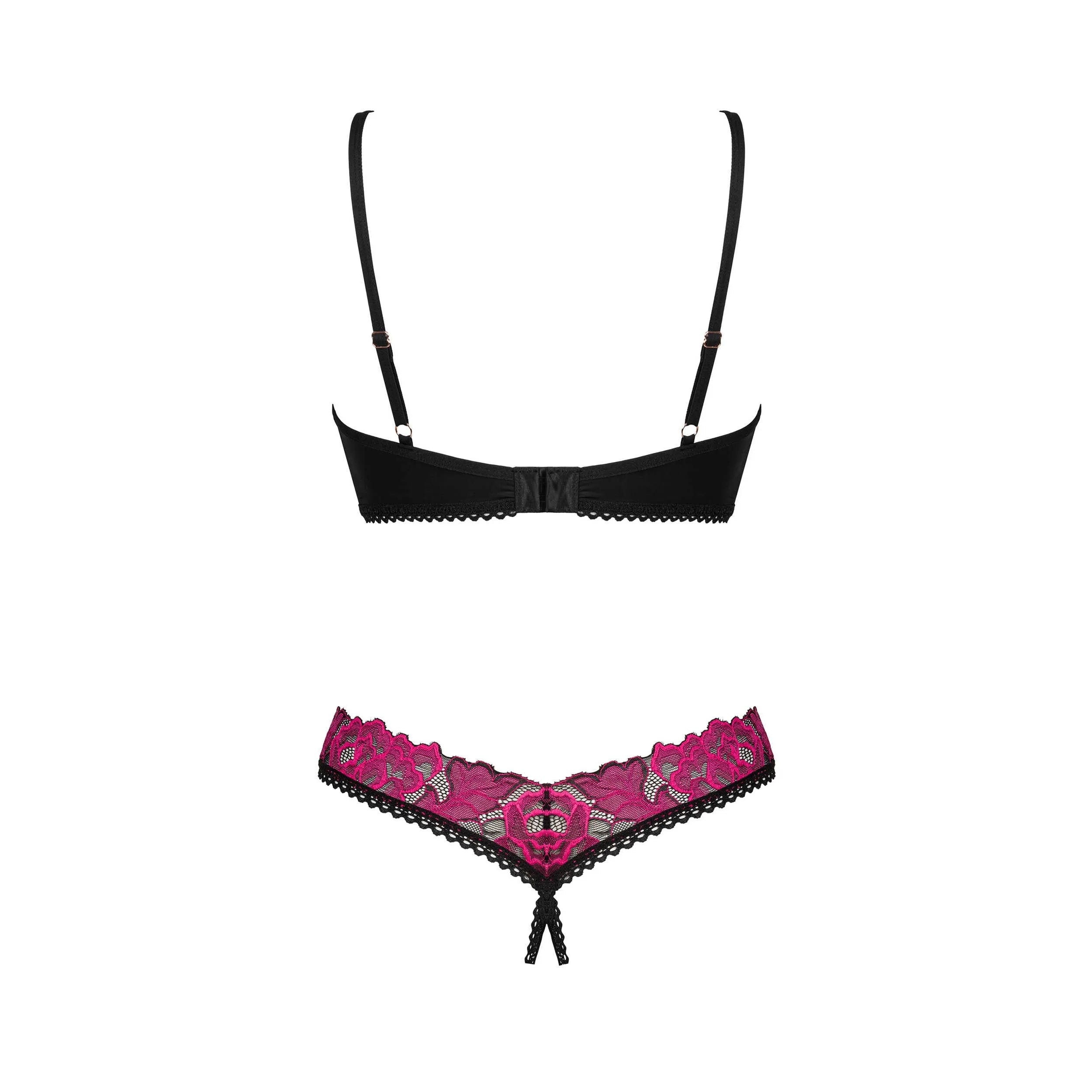 Ensemble lingerie deux pièces Rosenty, broderie rose, string ouvert, soutien-gorge à armatures, motif floral élégant.