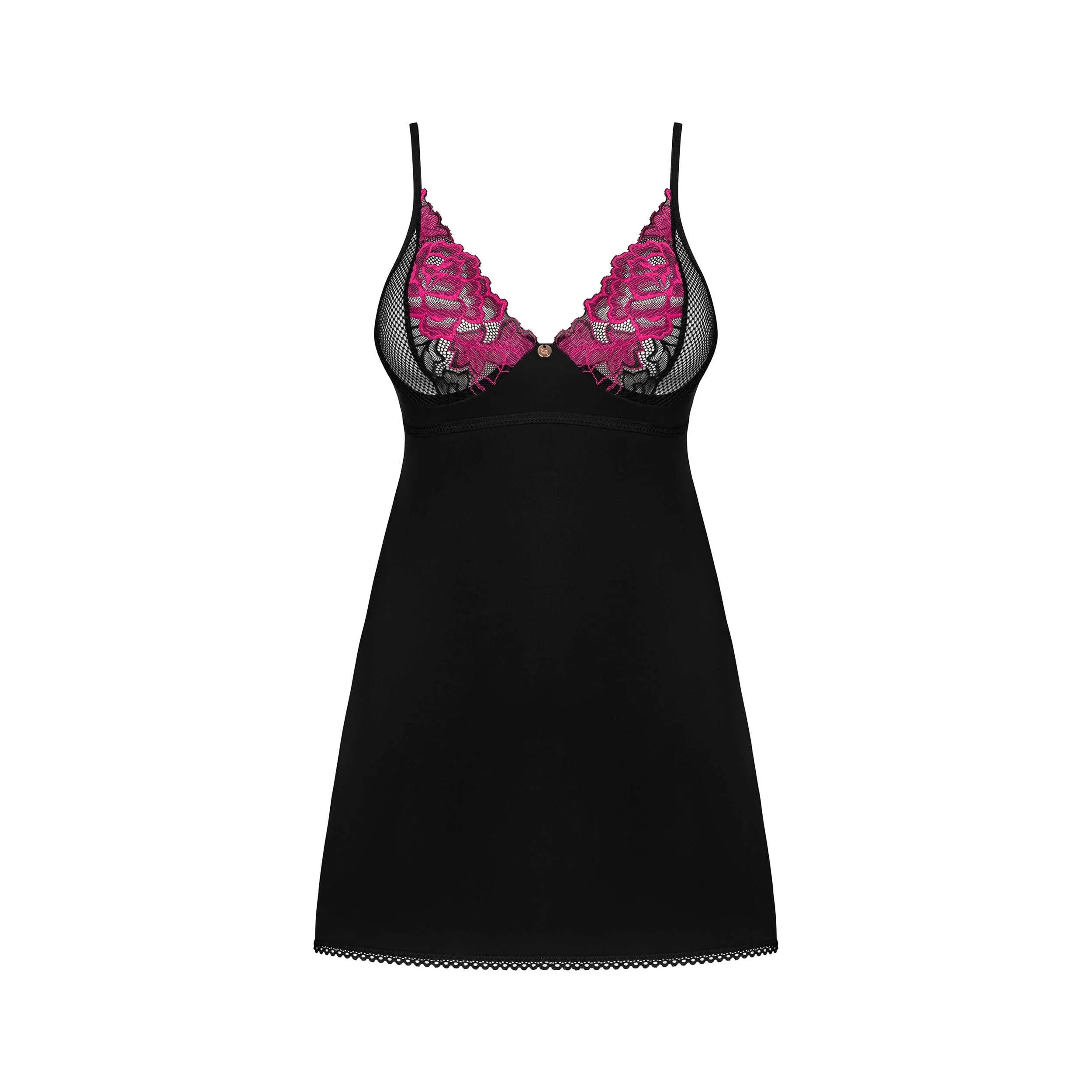 nuisette noire dentelle roses chatoyantes ajustable bretelles réglables bonnets armatures string or rose pendentif sophistiqué confort