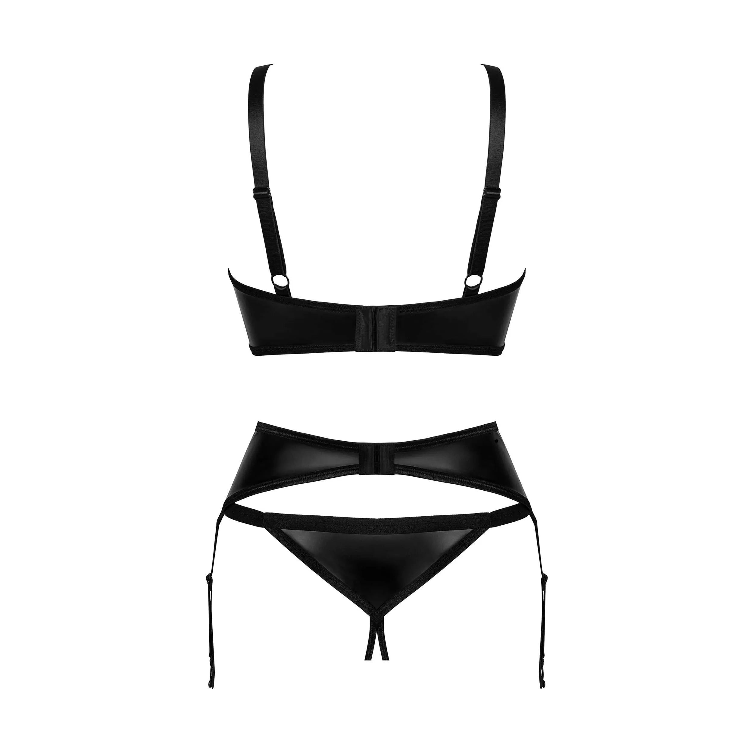 Ensemble lingerie noir ouvert trois pièces avec bonnets armatures, bretelles réglables et pendentif argenté, élasthanne.