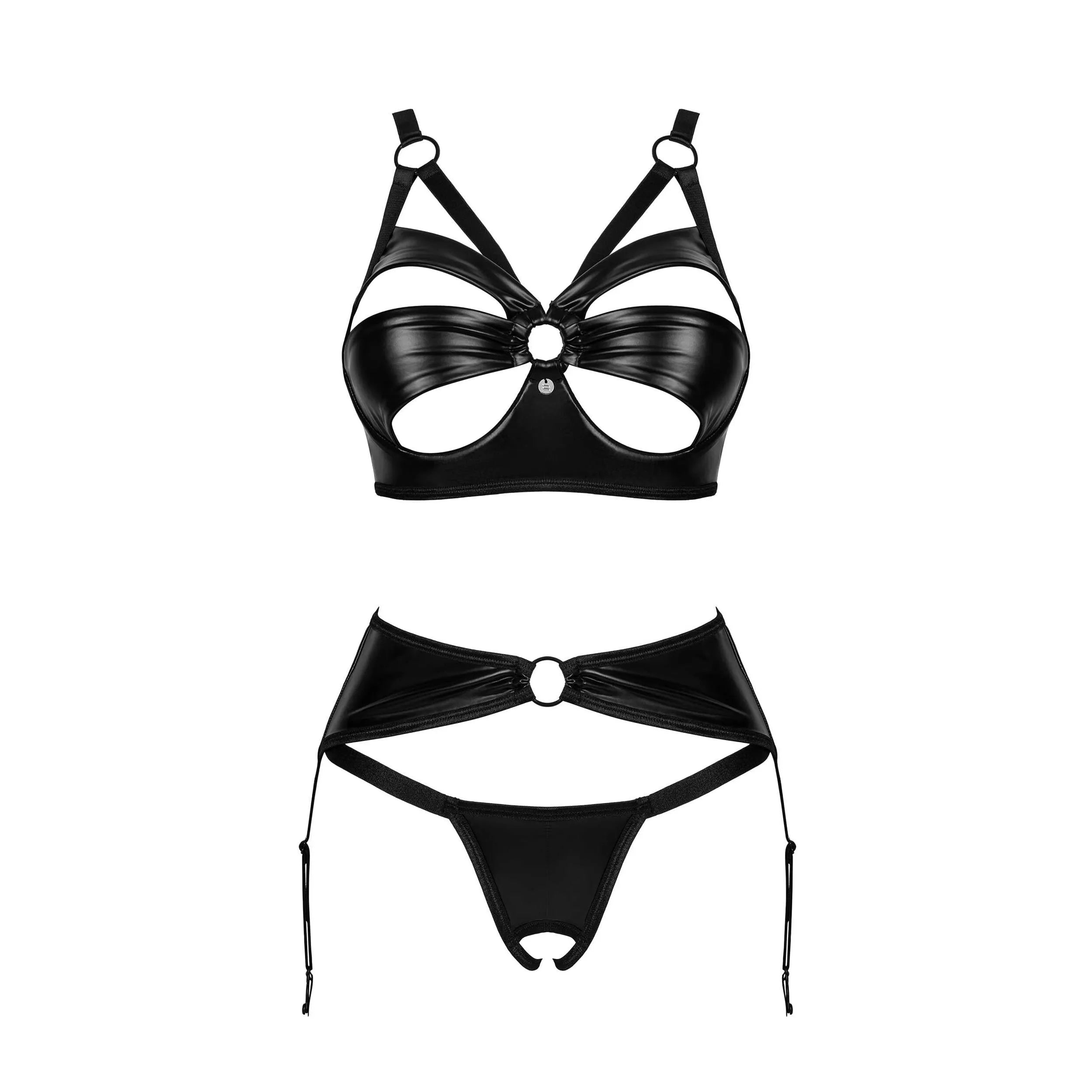 Ensemble lingerie noir ouvert Armares 3 pièces, design audacieux, bretelles réglables, détails argentés, sensualité féminine.