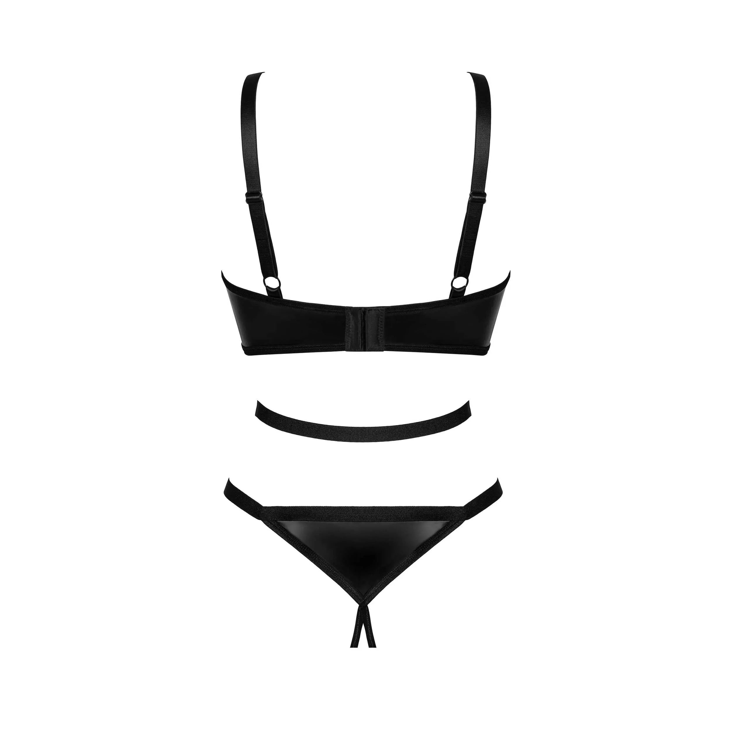 Body noir sexy ouvert avec bonnets à armatures, entrejambe ouvert, bretelles réglables, en polyuréthane et viscose.