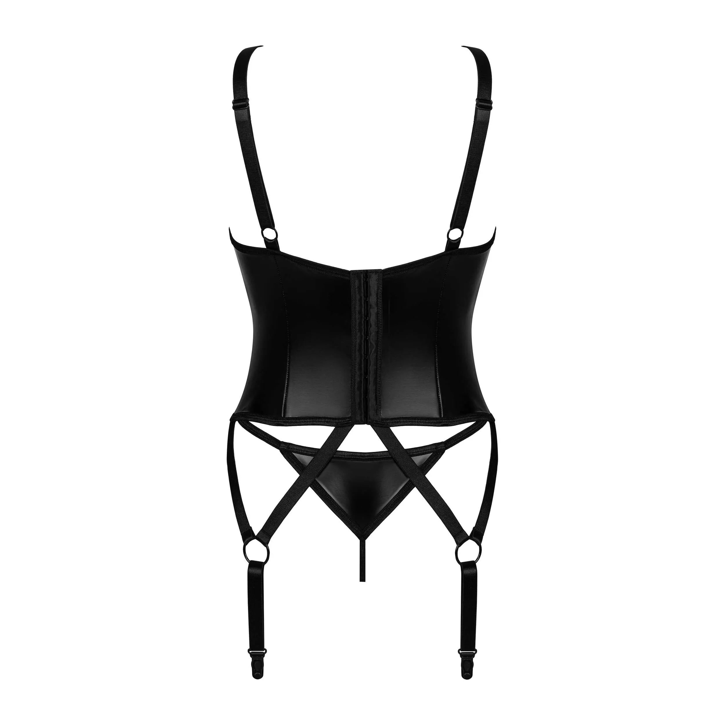 Combinaison corset string noir intense avec détails métalliques, bretelles réglables, jarretelles, matière élastique et do...