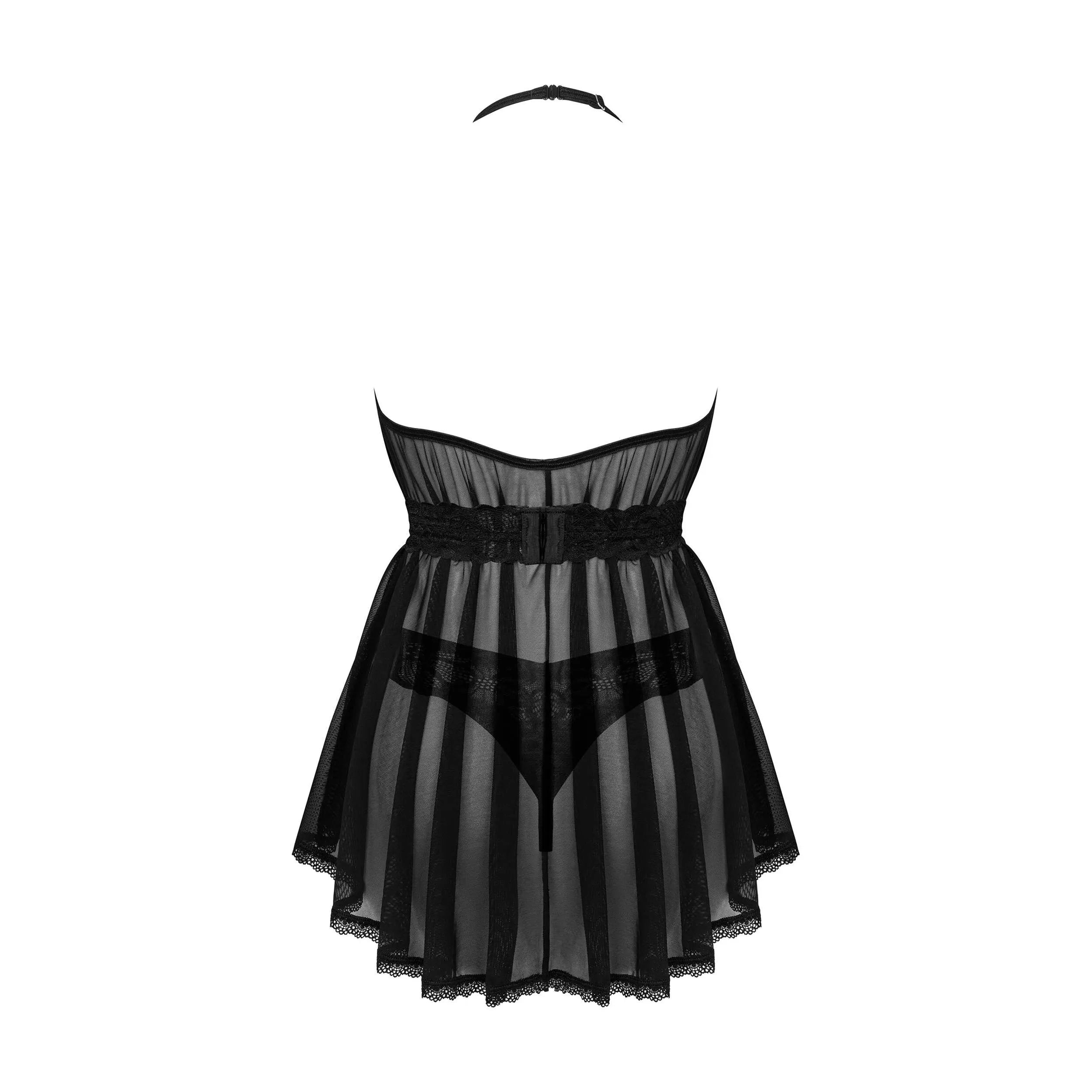 Nuisette Serafia noire translucide légère courte ajustable bretelles réglables ceinture motif floral string assorti confortable élégant sexy
