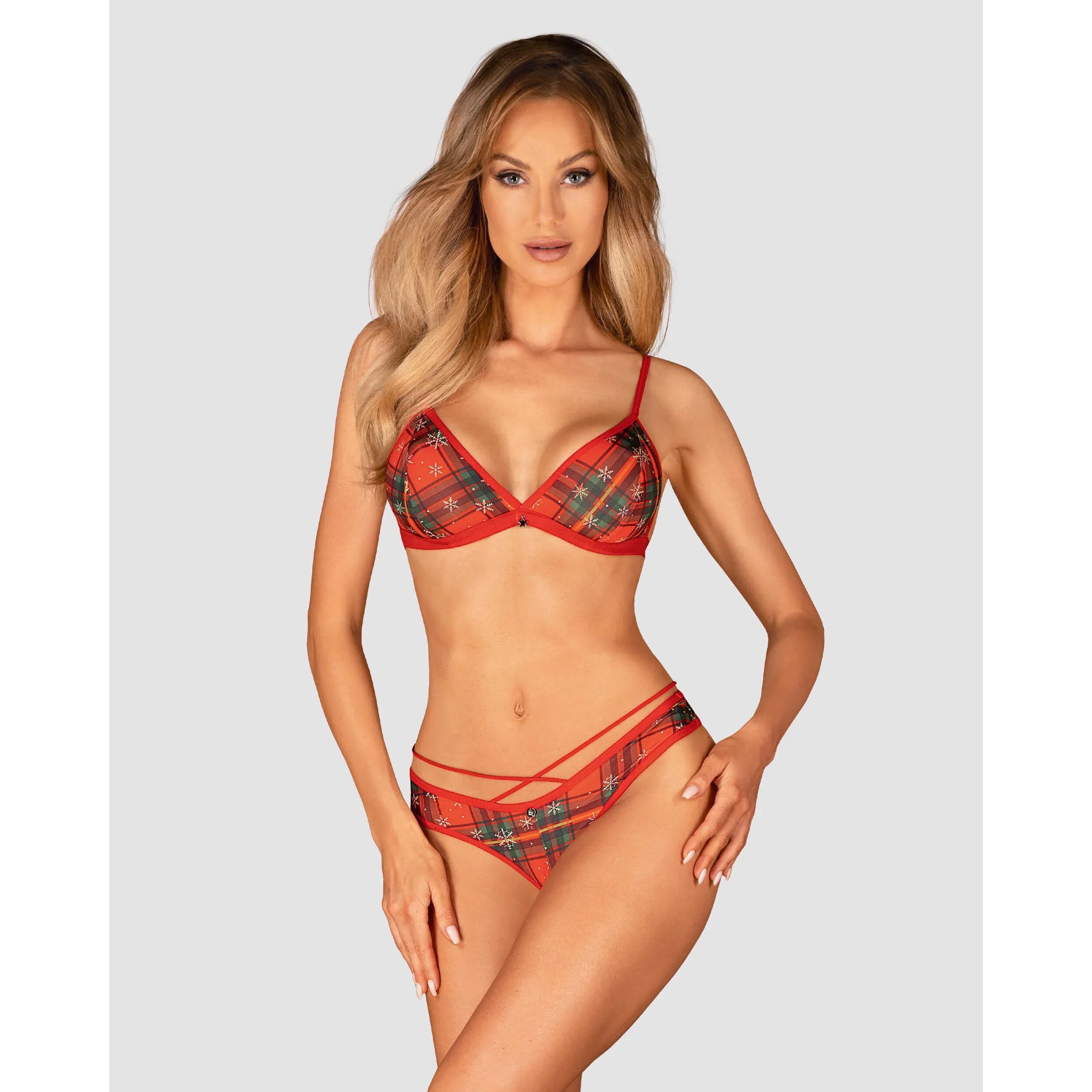 Ensemble lingerie rouge Noël avec bretelles réglables et pendentif doré, confort extensible, tailles XS à L.