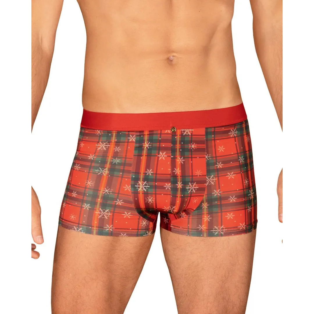 Boxer Noël homme rouge, nœud papillon, pendentif or, festif, élégant, ajusté, élasthanne, polyamide, cadeau unique.