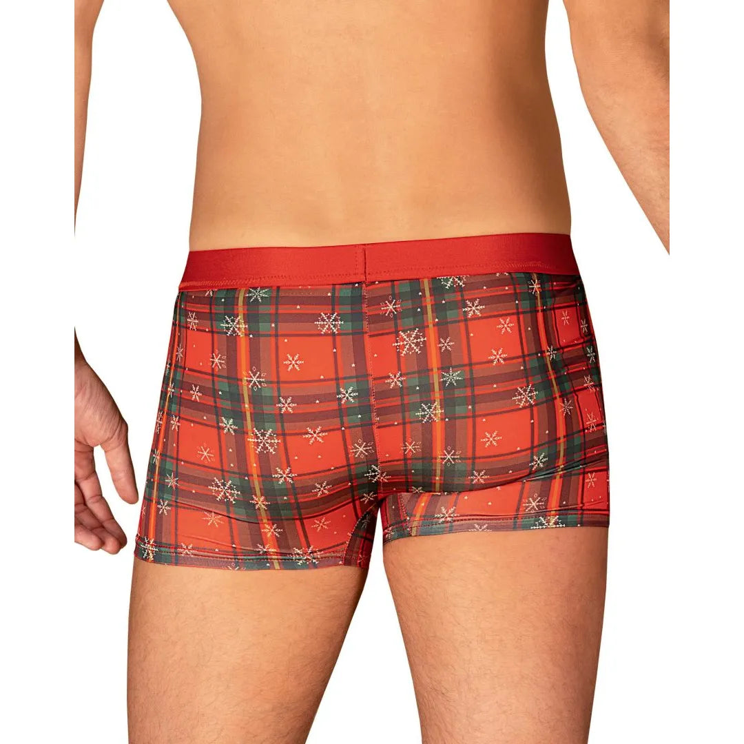 Boxer rouge homme Noël, nœud papillon, pendentif or, motif festif, coupe ajustée, élasthanne polyamide.