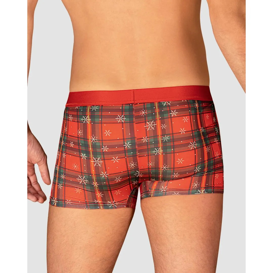 Boxer homme rouge motif Noël, nœud papillon, pendentif or, élasthanne, coupe ajustée, festif et élégant.