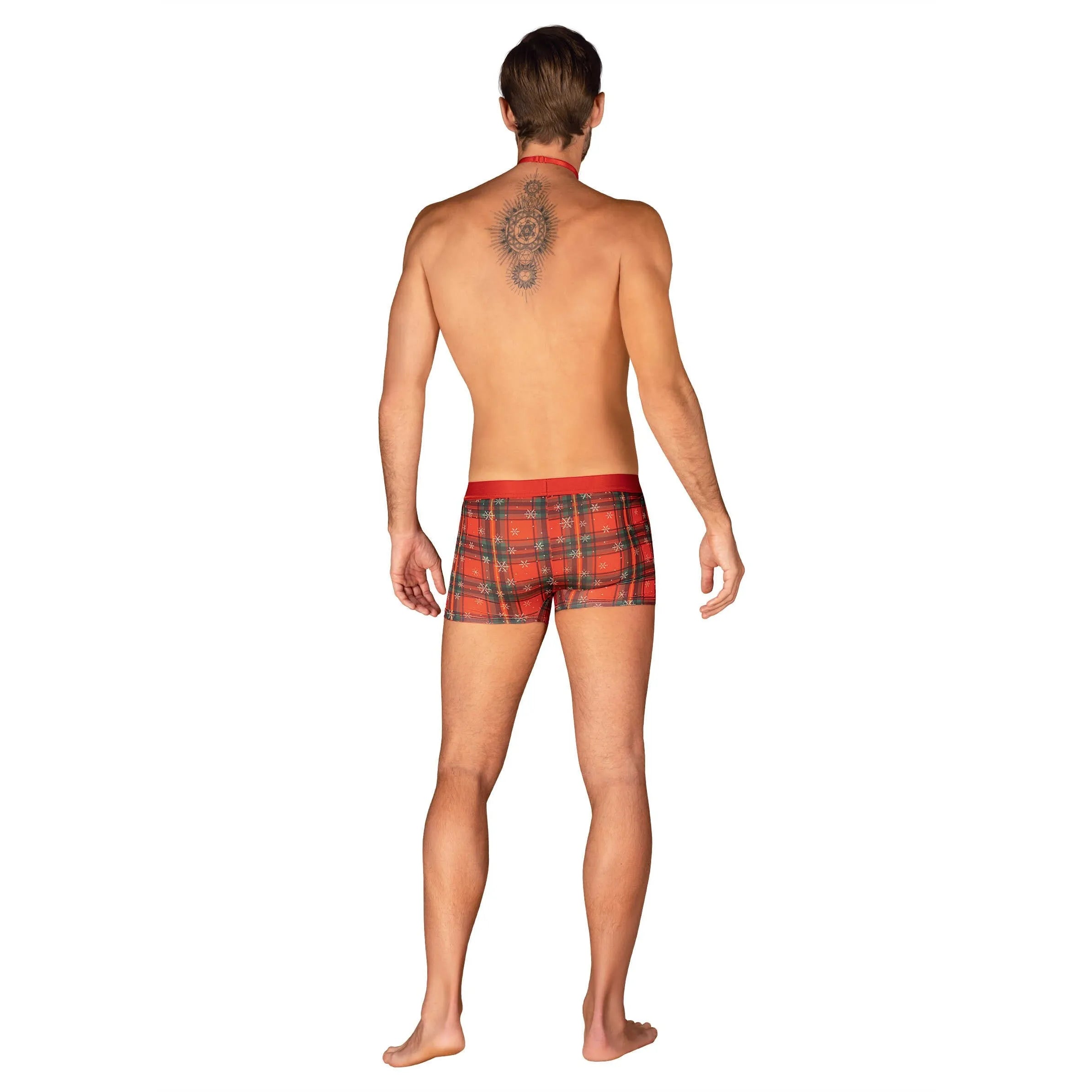 Boxer Noël homme rouge avec nœud papillon, pendentif or, motif festif, coupe ajustée, élégant et confortable.