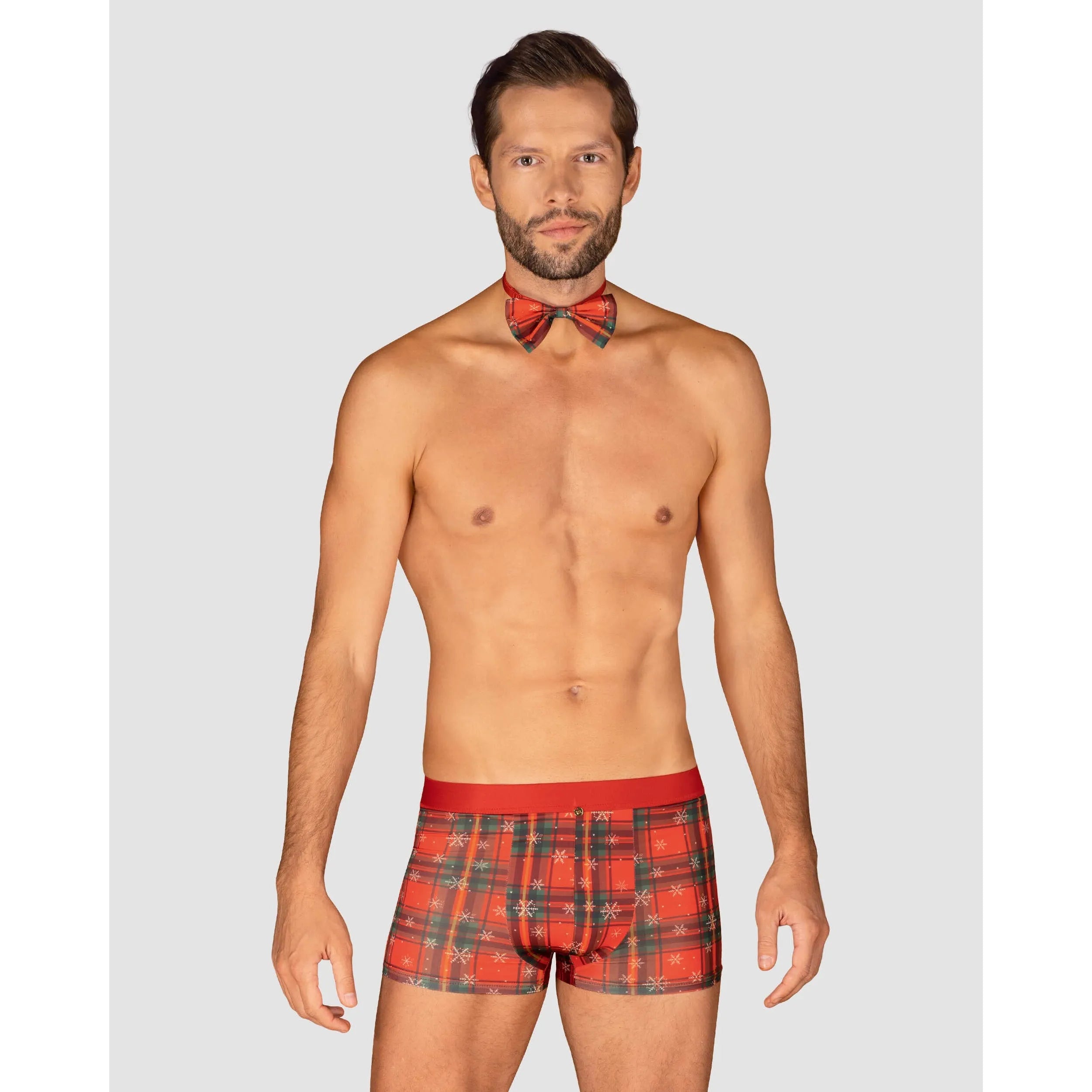 Boxer rouge homme Noël avec nœud papillon, pendentif or, motif festif, coupe ajustée, élégant et confortable.