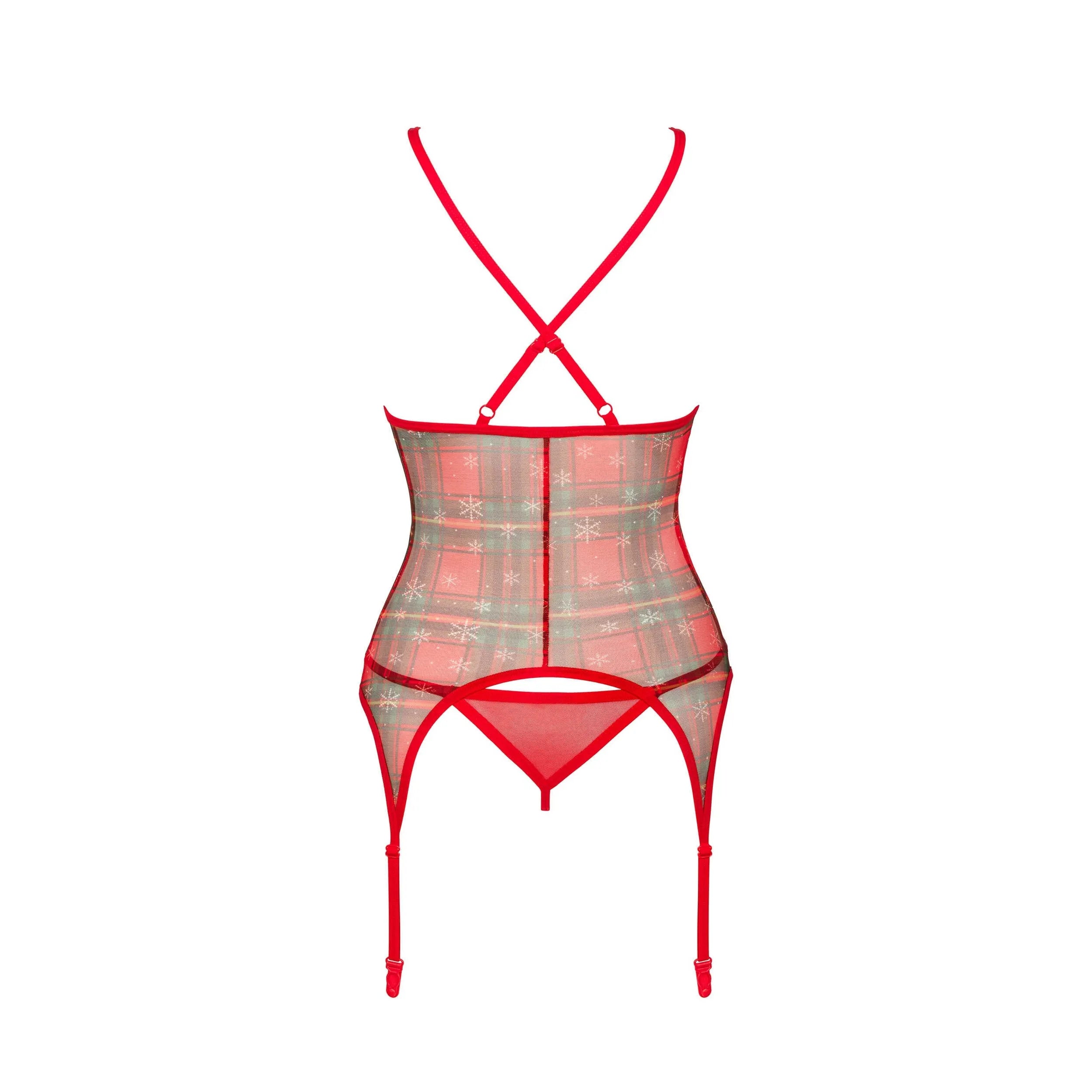 Guêpière rouge Noël dentelle, pendentif doré, bretelles réglables, tissu élastique, silhouette glamour festive.