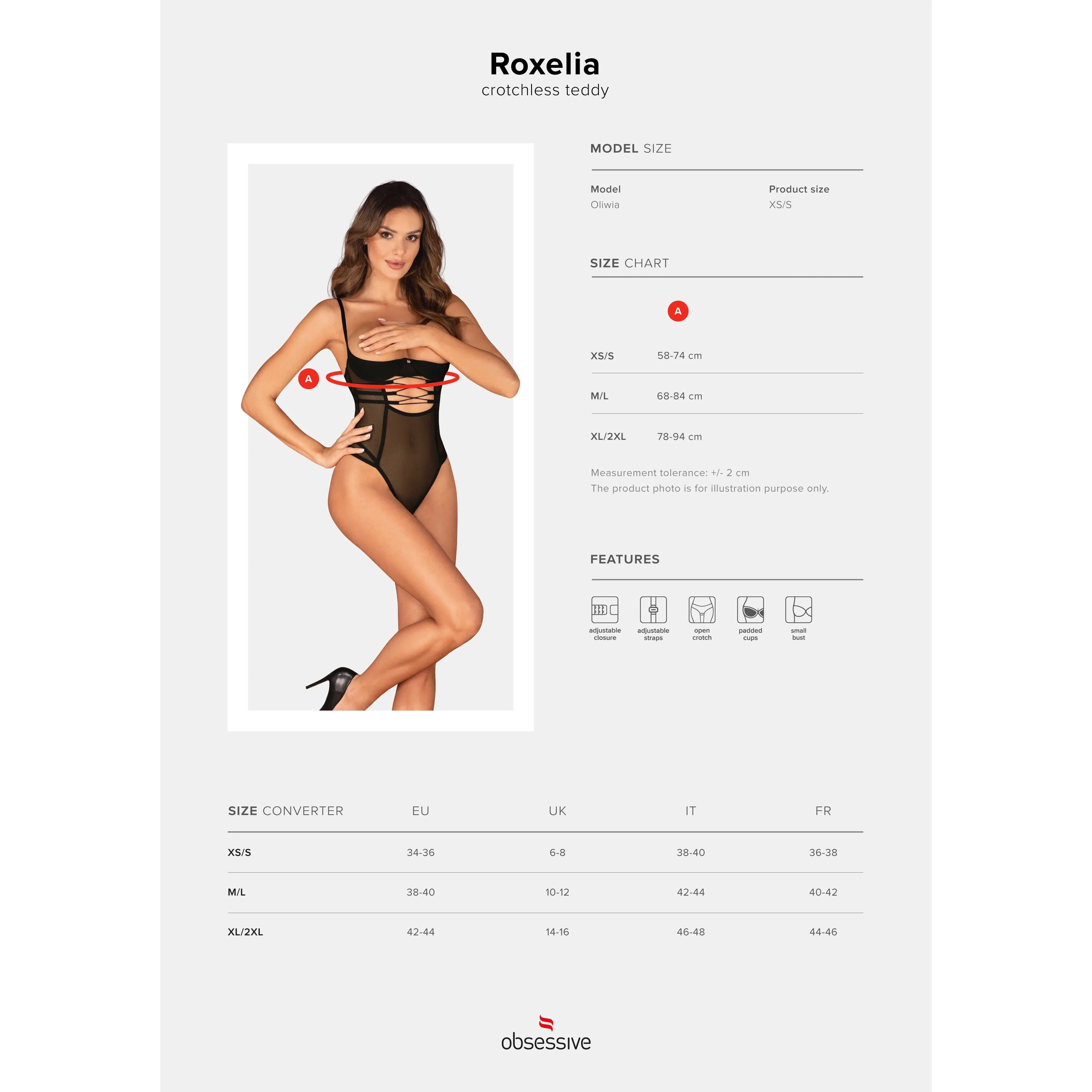 Body ouvert noir Roxelia en maille avec détails argentés, bonnets à armatures, bretelles réglables, fermeture multiniveaux.