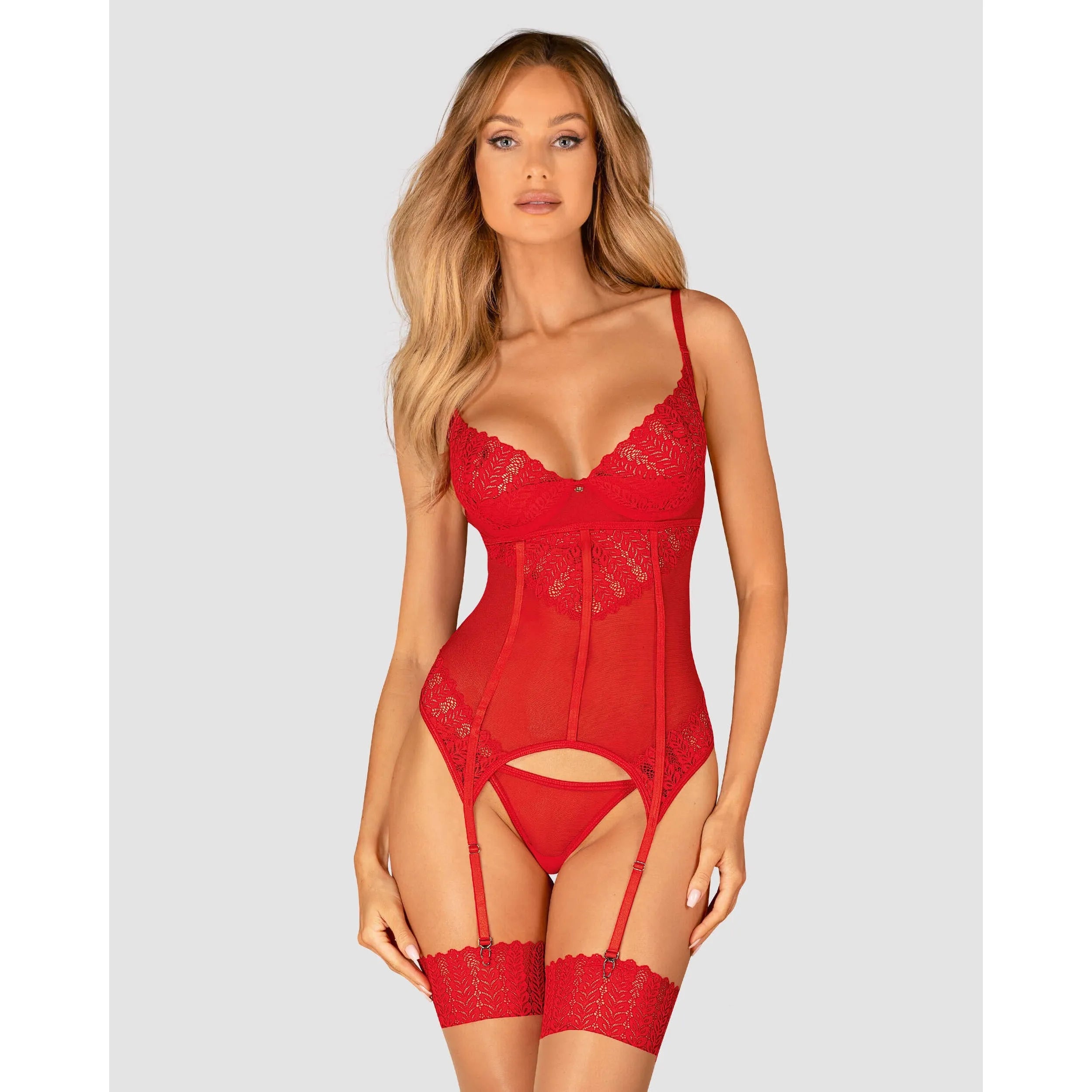 Ingridia corset string rouge intense dentelle portejarretelles ajustable séduisant glamour sexy maintien armatures bretelles réglables laçage arrière bonnets rembourrés confortable