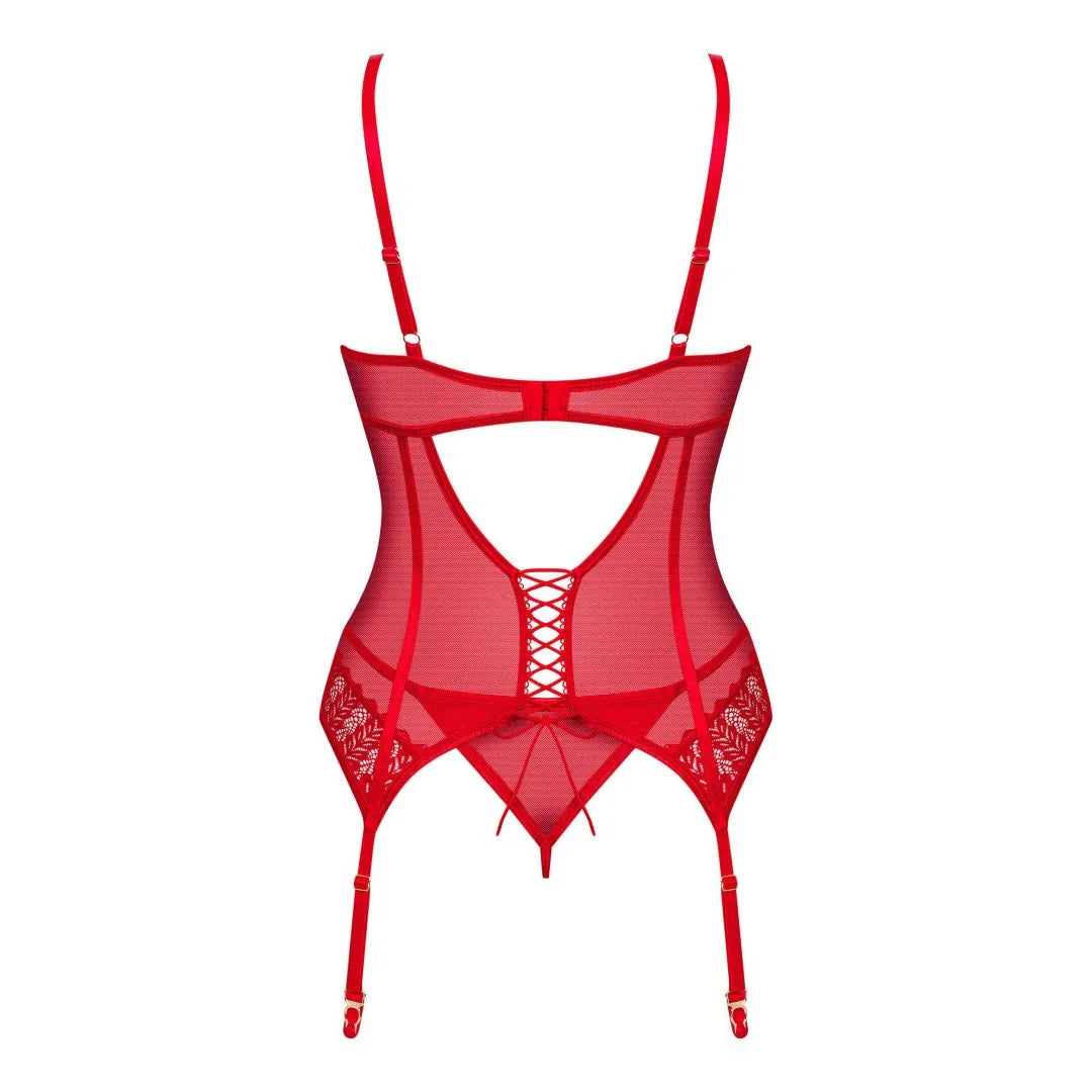 Ingridia corset string rouge intense dentelle portejarretelles ajustable séduisant glamour sexy maintien armatures bretelles réglables laçage arrière bonnets rembourrés confortable