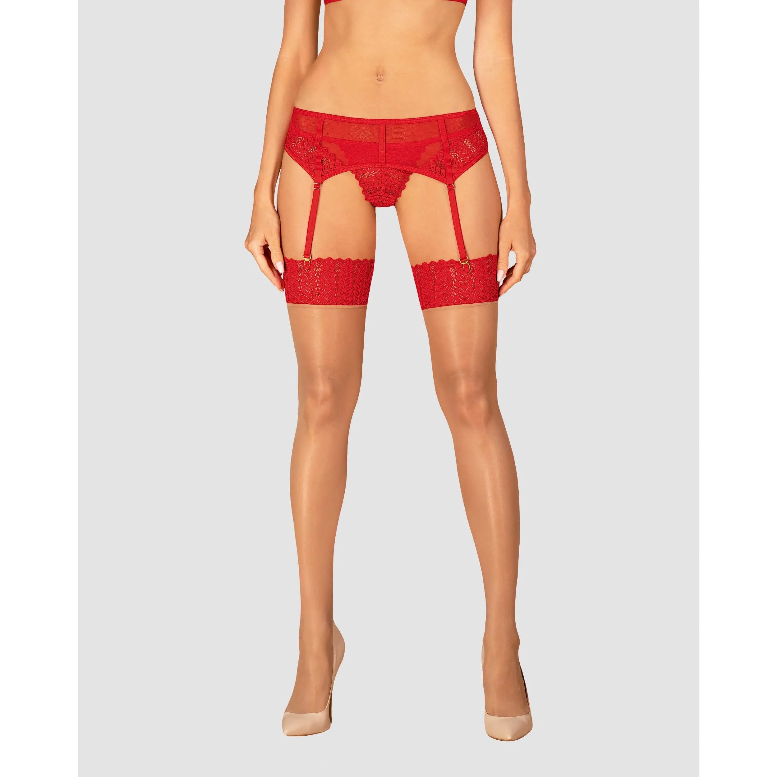 Bas sexy beige avec dentelle rouge, finition sophistiquée, jambes affinées, grande élasticité, confort et transparence.