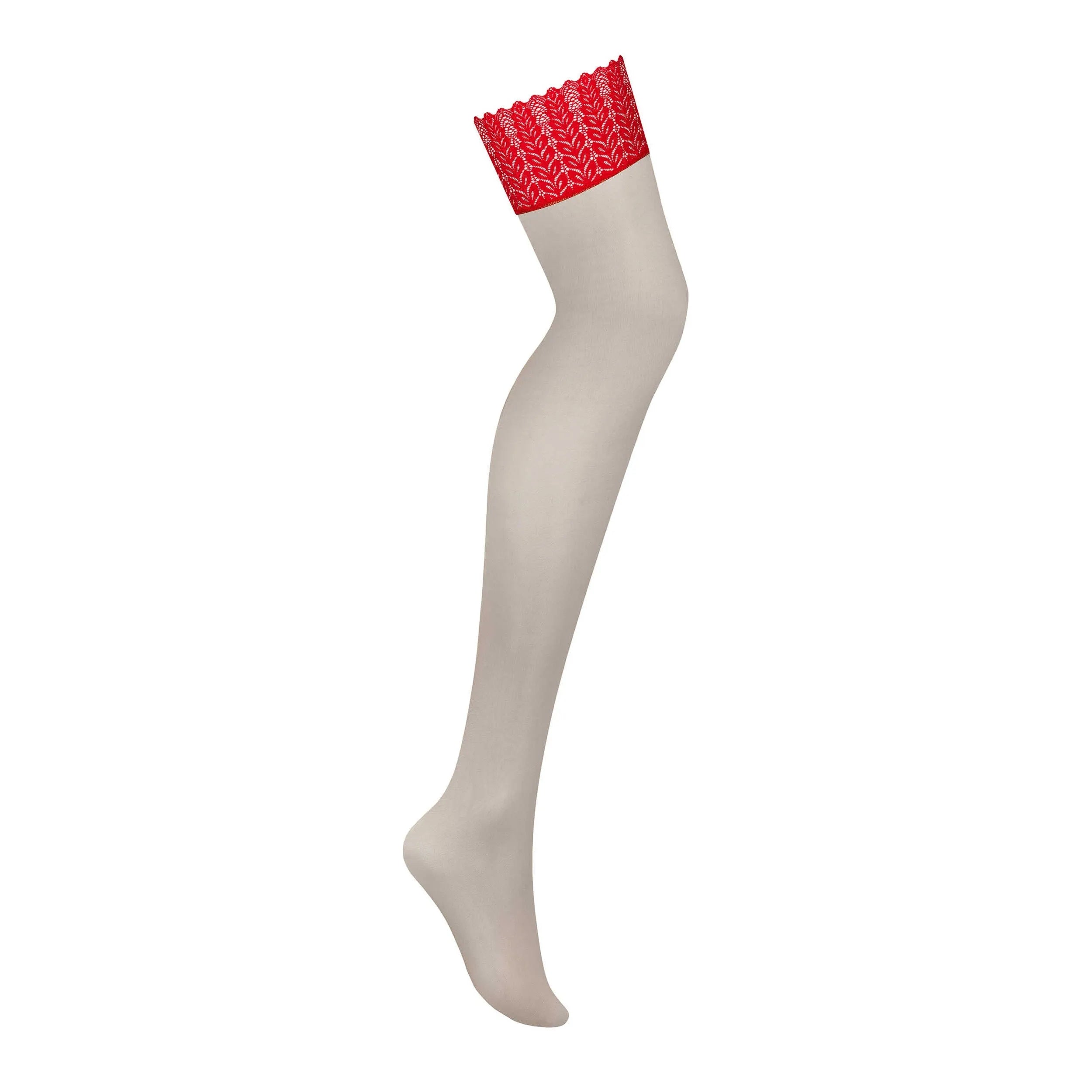 Bas sexy beige avec dentelle rouge, finition sophistiquée, jambes affinées, confort et élasticité, style glamour.