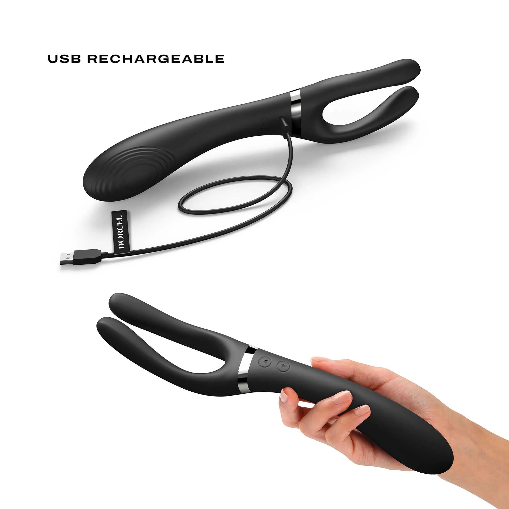 Vibromasseur Infinite Joy Noir bras pliable 360 triple moteur waterproof rechargeable silicone