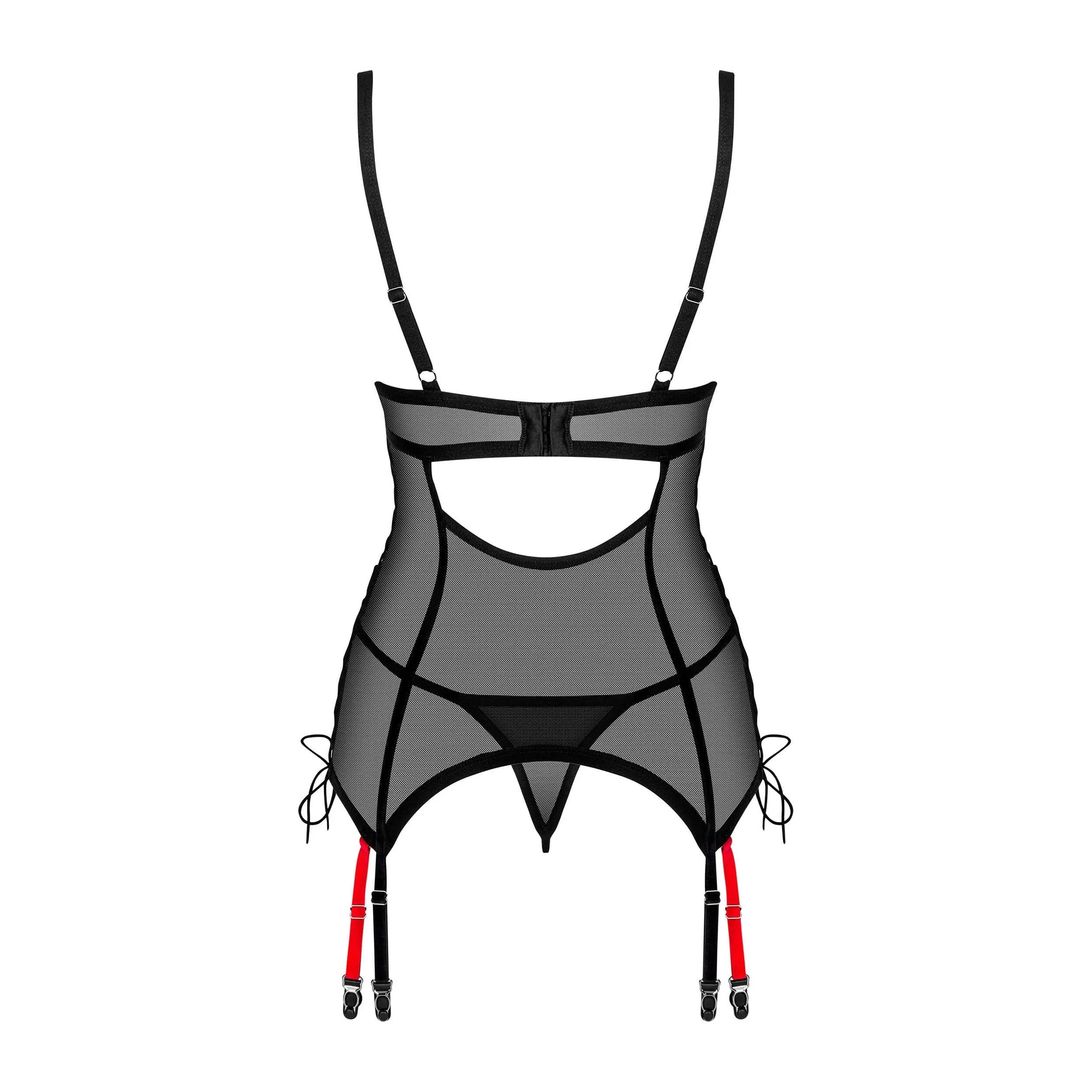 Corset noir transparent, accents rouges, jarretelles détachables, armatures, bretelles réglables, laçage élégant.
