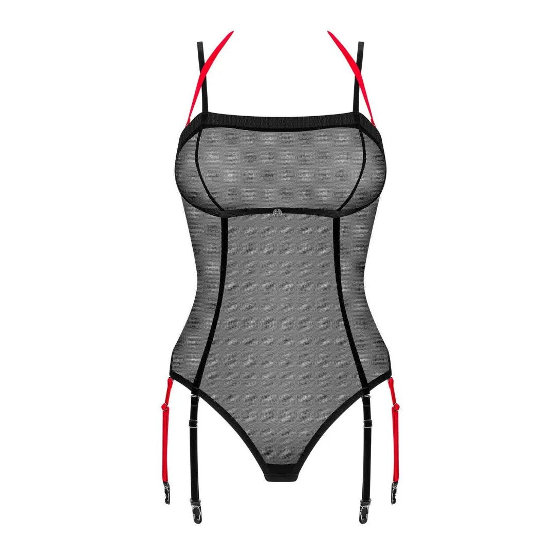 Body noir transparent dos nu avec pendentif brillant, jarretelles rouges détachables, bretelles réglables, tissu sculptant.