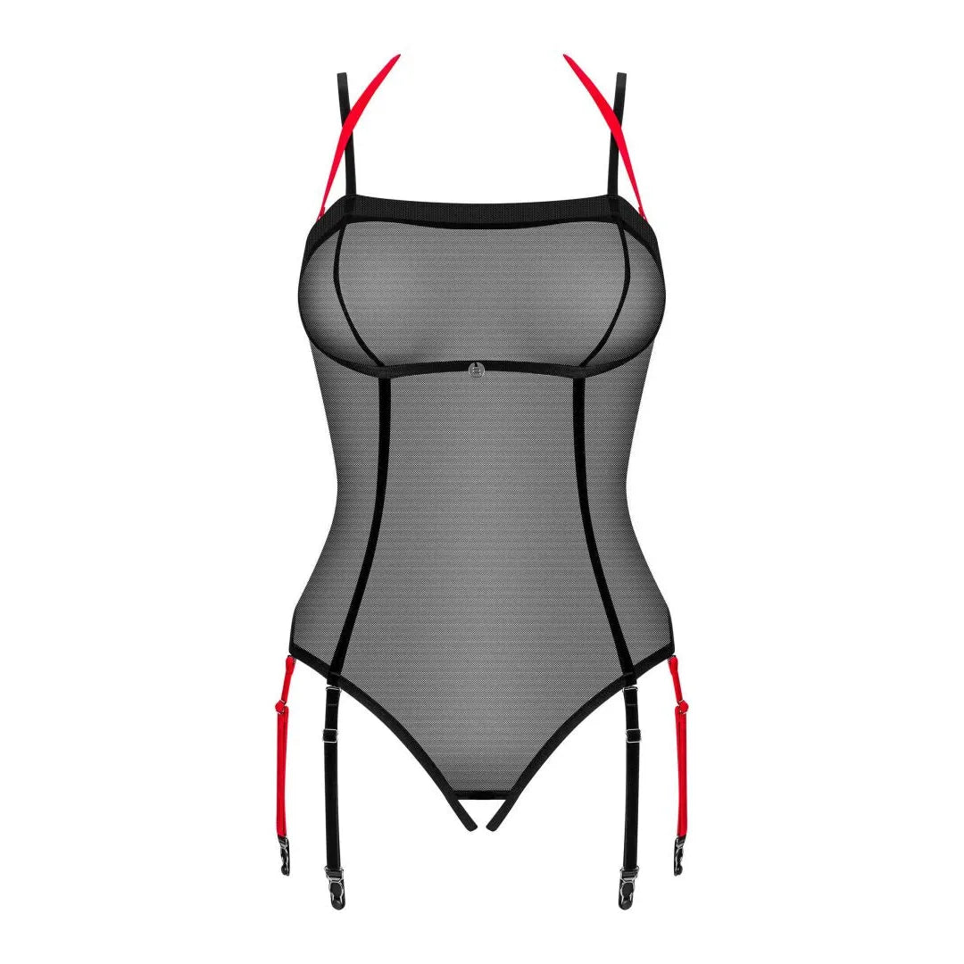 Body noir ouvert en velours doux, détails argentés, bretelles réglables, jarretelles bicolores, design séduisant et glamour.