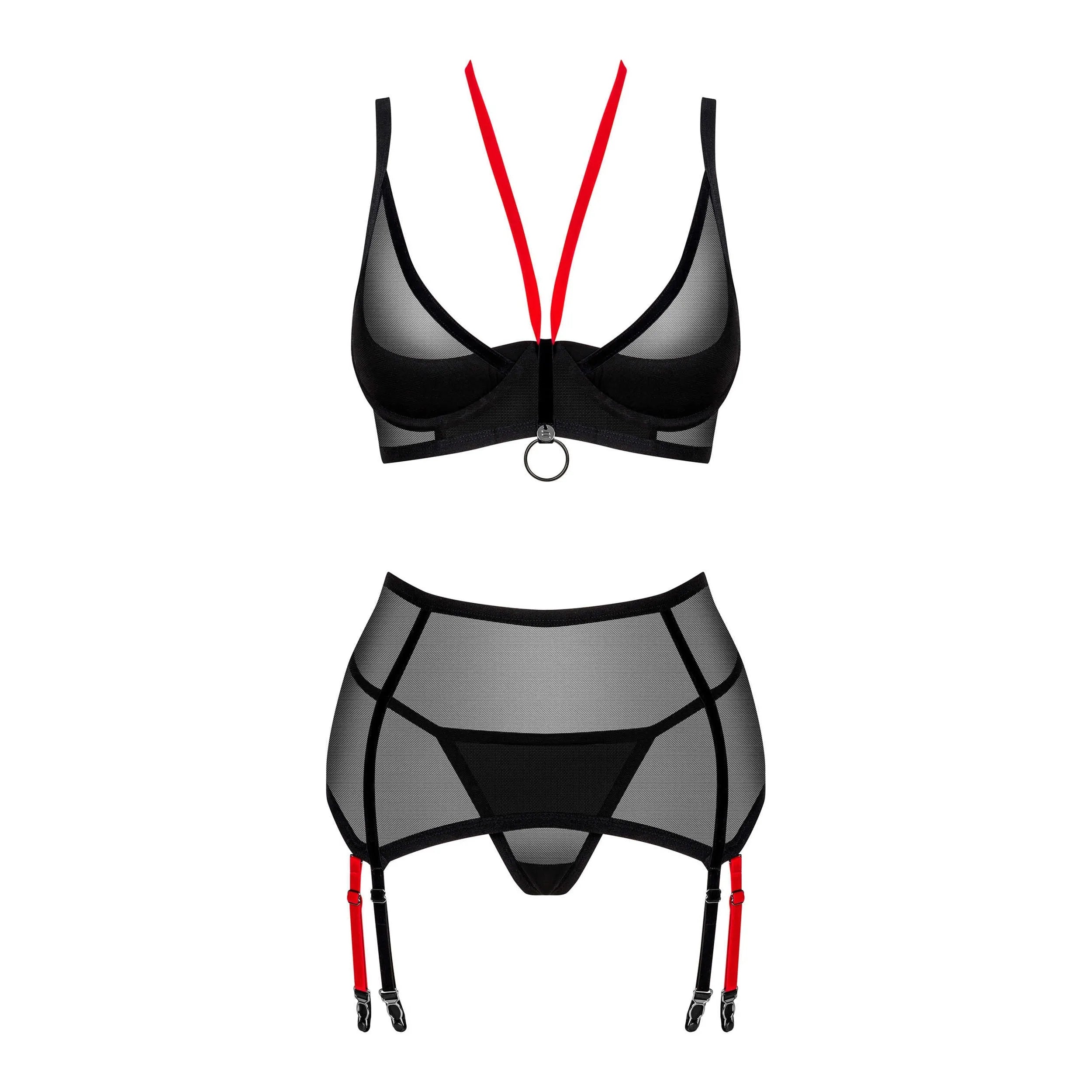 Ensemble lingerie rouge noir en velours transparent, soutien-gorge rembourré, jarretelles ajustables, tissu élastique.
