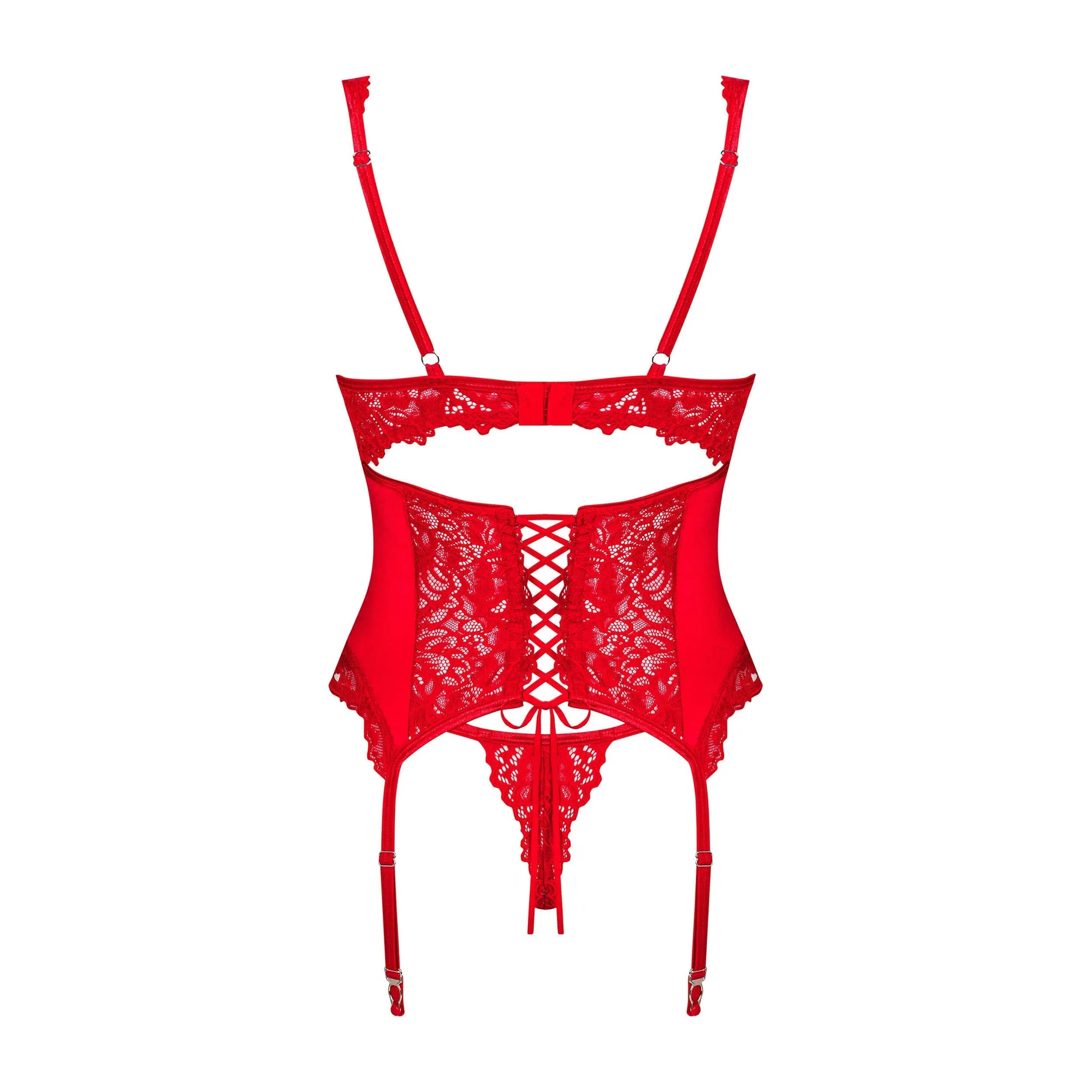 Guêpière string rouge intense en dentelle avec bretelles réglables, bonnets à armatures et laçage subtil, élégance séduisa...