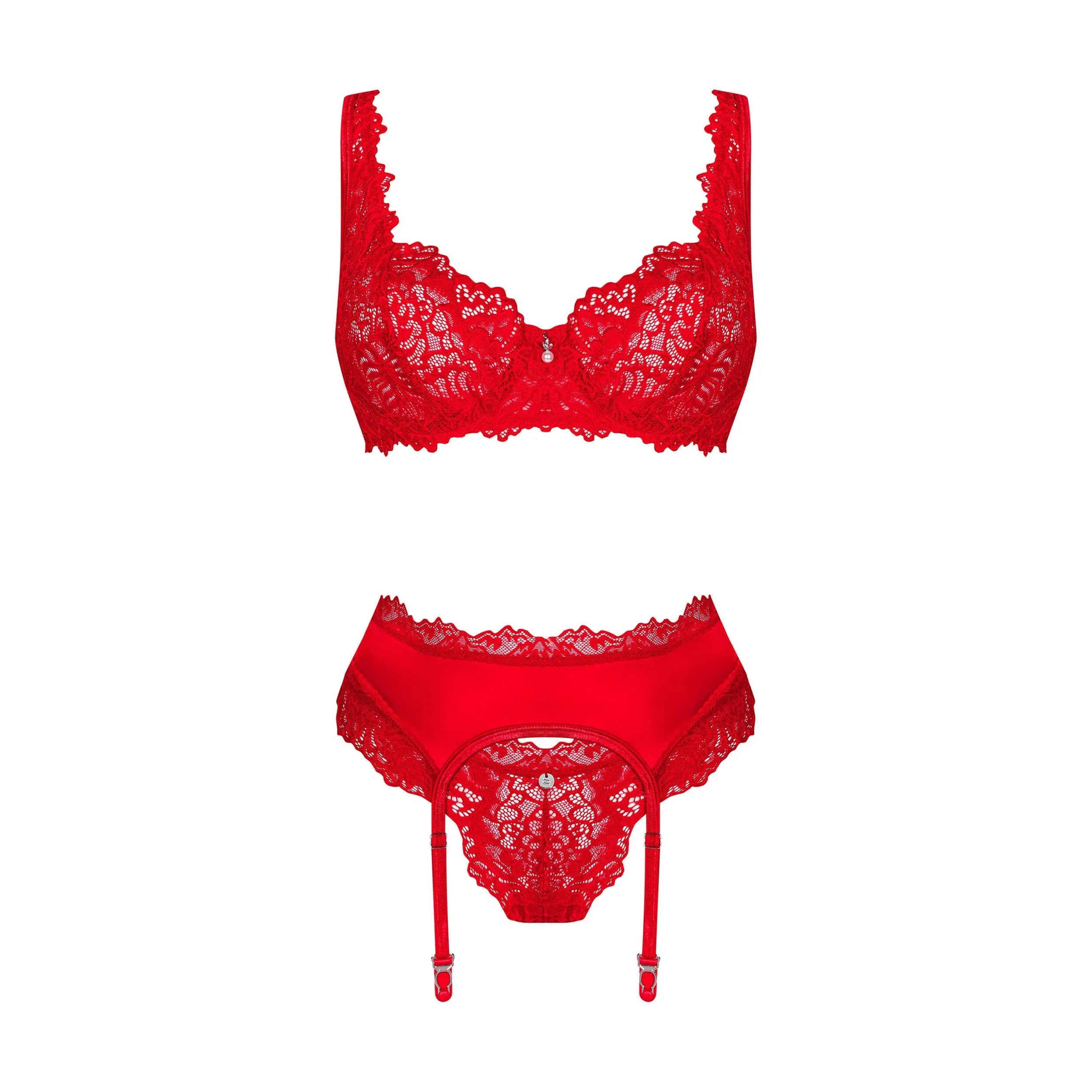 Ensemble lingerie rouge dentelle avec porte-jarretelles, soutien-gorge à armatures et string, bretelles réglables.