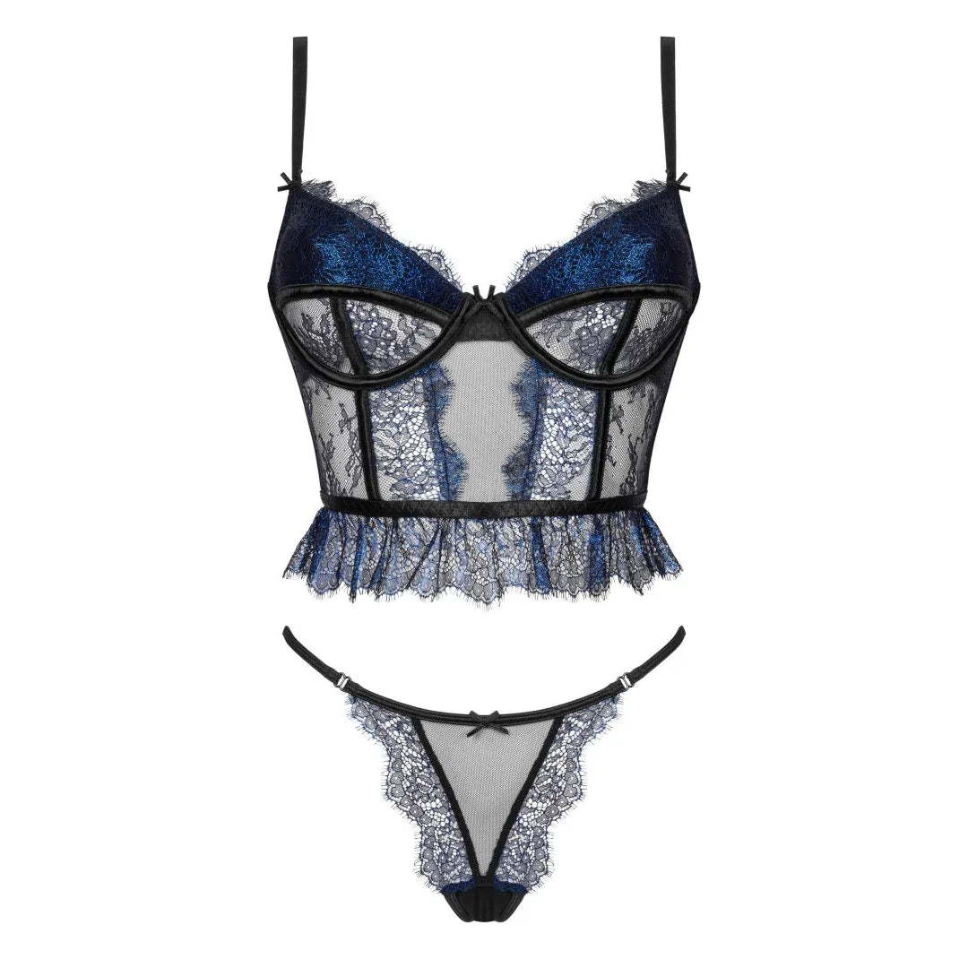 Ensemble lingerie tulle noir dentelle saphir métallisée corset baleines bretelles réglables culotte délicate.