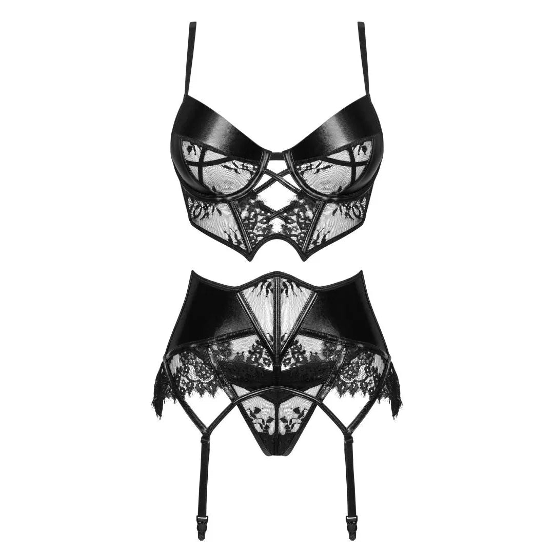 Ensemble lingerie noir Leonela en dentelle effet mouillé, soutien-gorge corset avec baleines, design sensuel et élégant.
