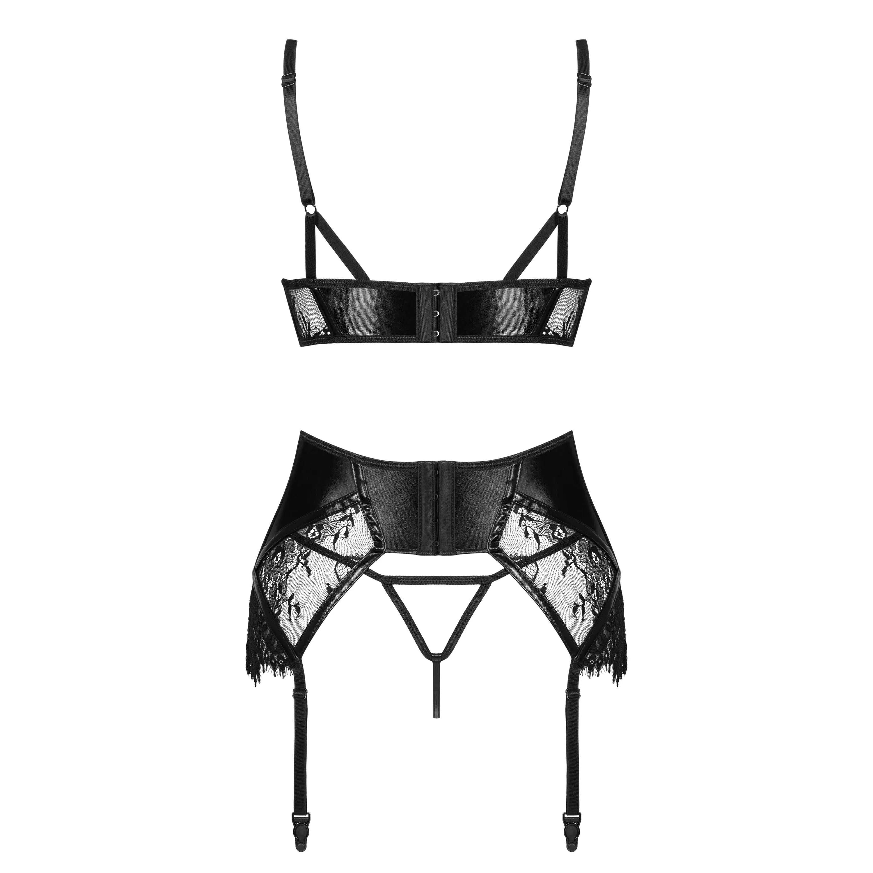 Ensemble lingerie noir Leonela, dentelle effet mouillé, soutien-gorge corset, baleines, élégant et sensuel.