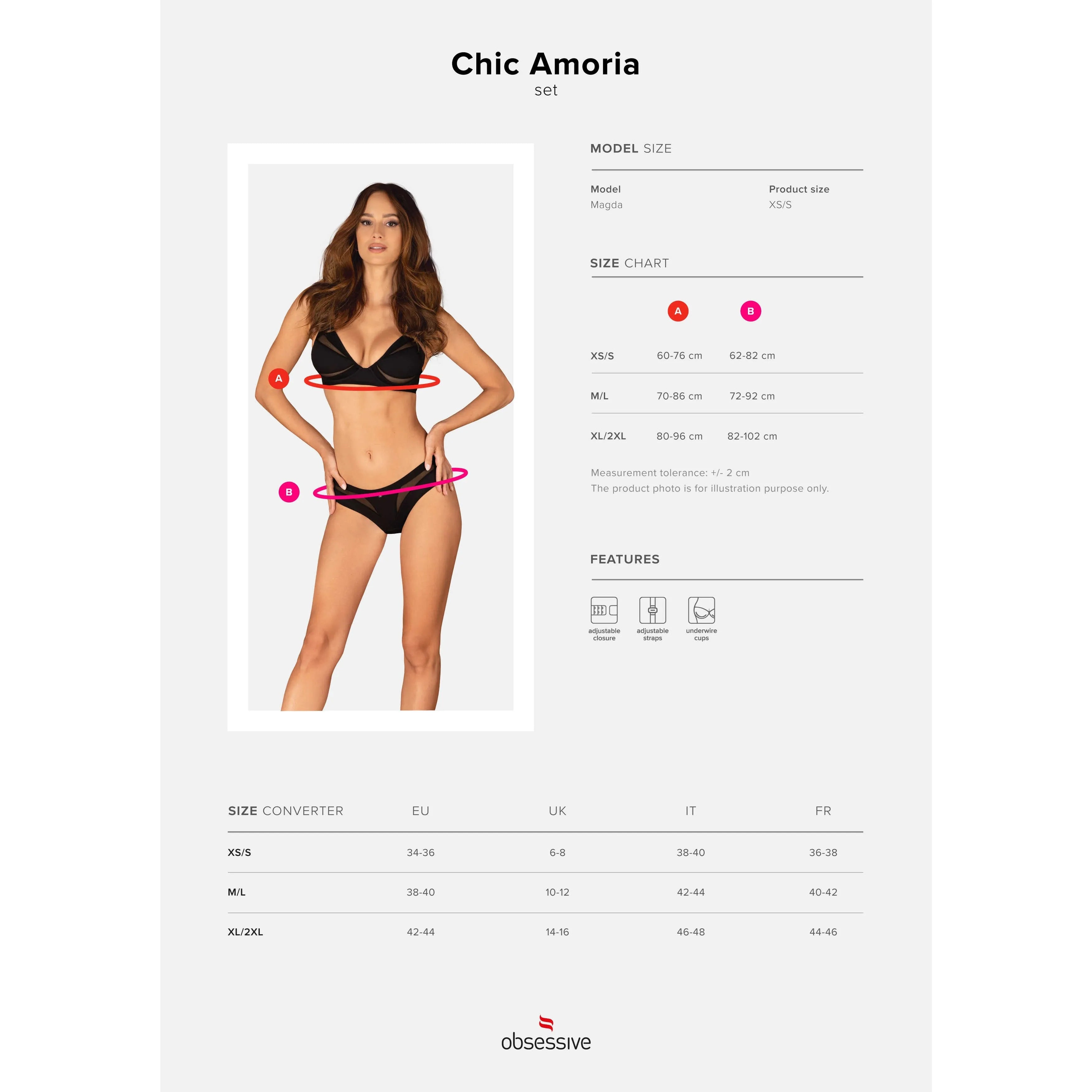 Ensemble lingerie noir Chic Amoria, soutien-gorge et culotte confort, bretelles réglables, pendentif brillant.