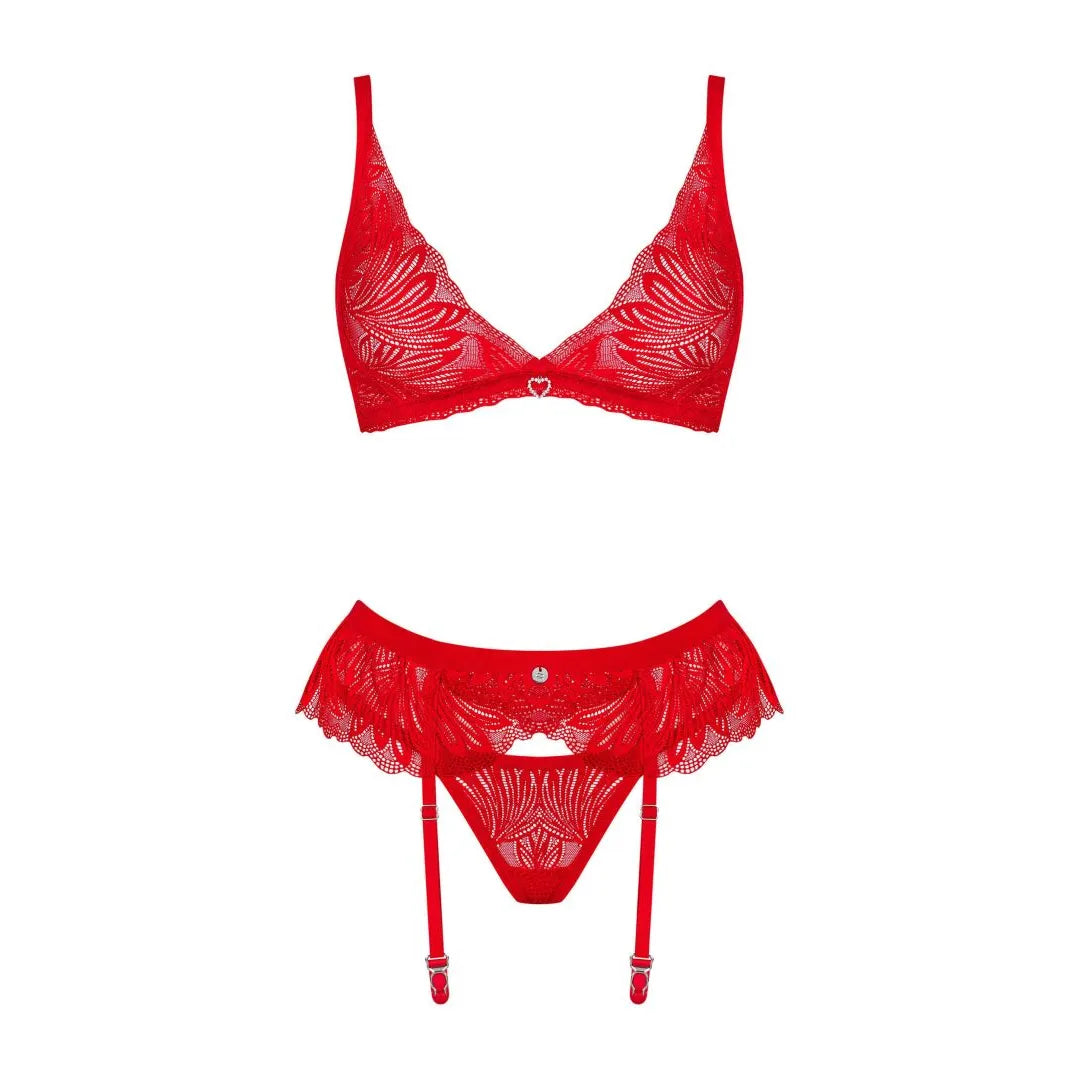 Ensemble lingerie dentelle rouge intense 3 pièces, ajustable, avec détails raffinés, soutien-gorge, porte-jarretelles, cul...