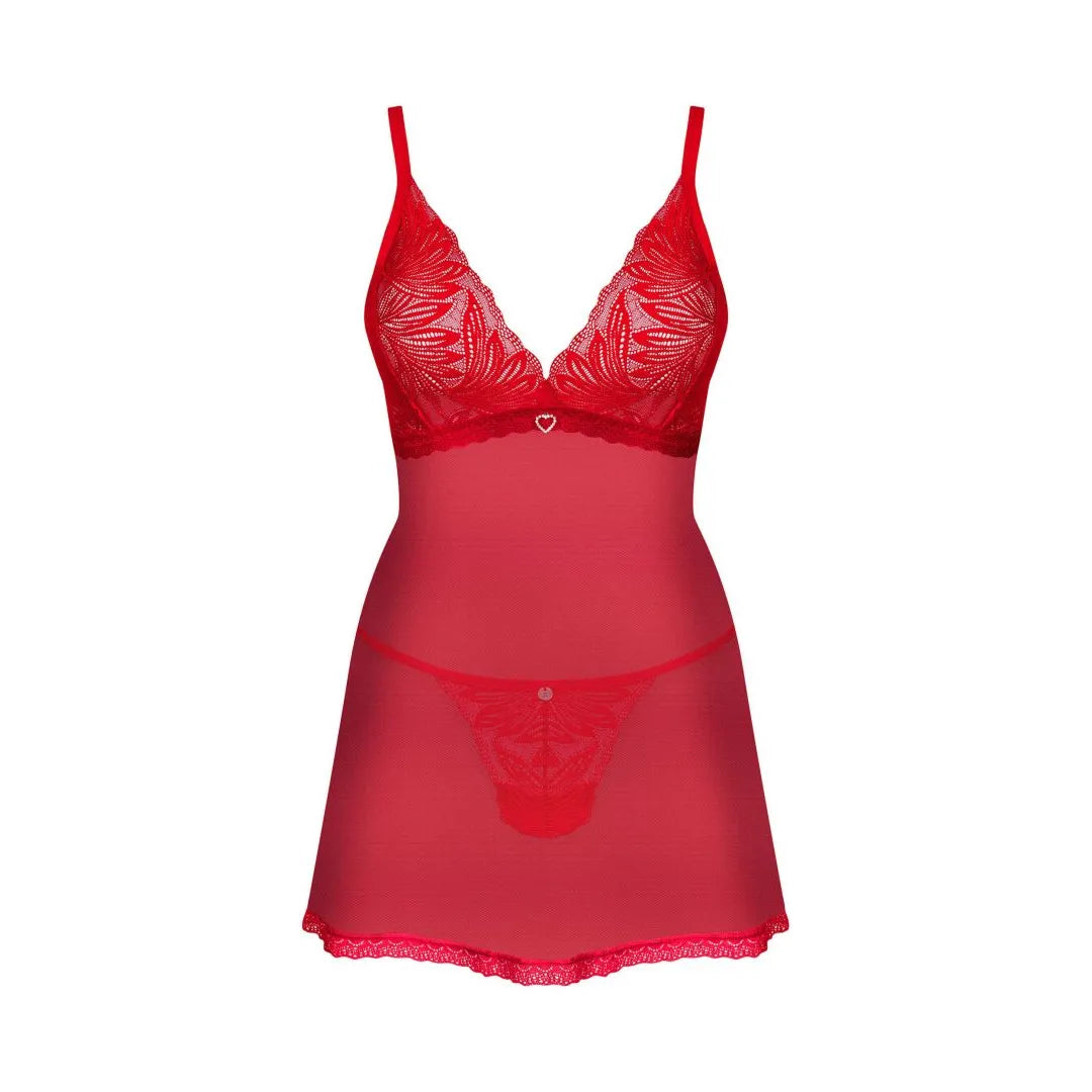 Nuisette rouge dentelle fine, bretelles réglables, pendentif cœur, string assorti, élégance et confort séduisant.