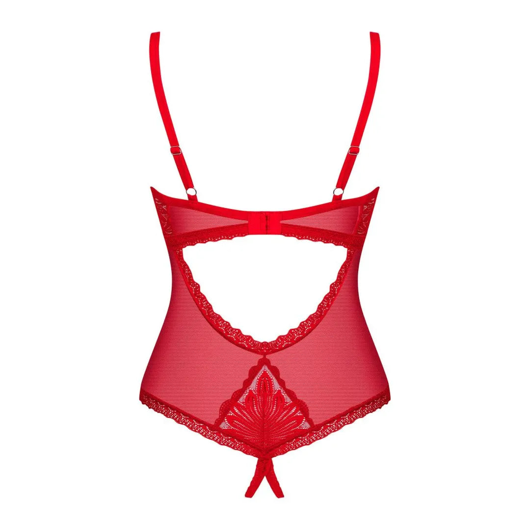 Body ouvert rouge en dentelle avec pendentif cœur argenté, sangles réglables, design sensuel et confortable.