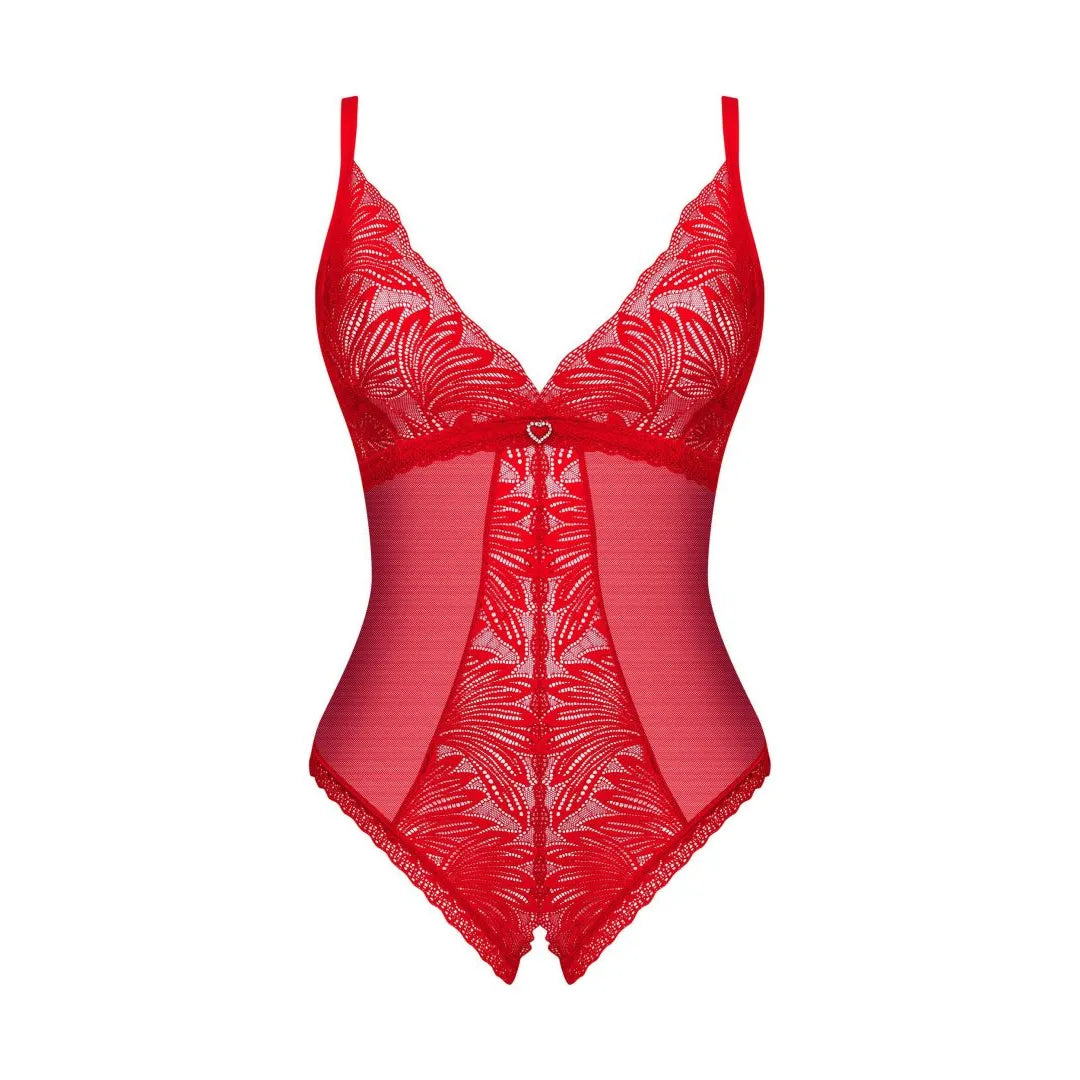 Body ouvert rouge en dentelle avec pendentif cœur argenté, sangles ajustables, design sensuel et élégant.