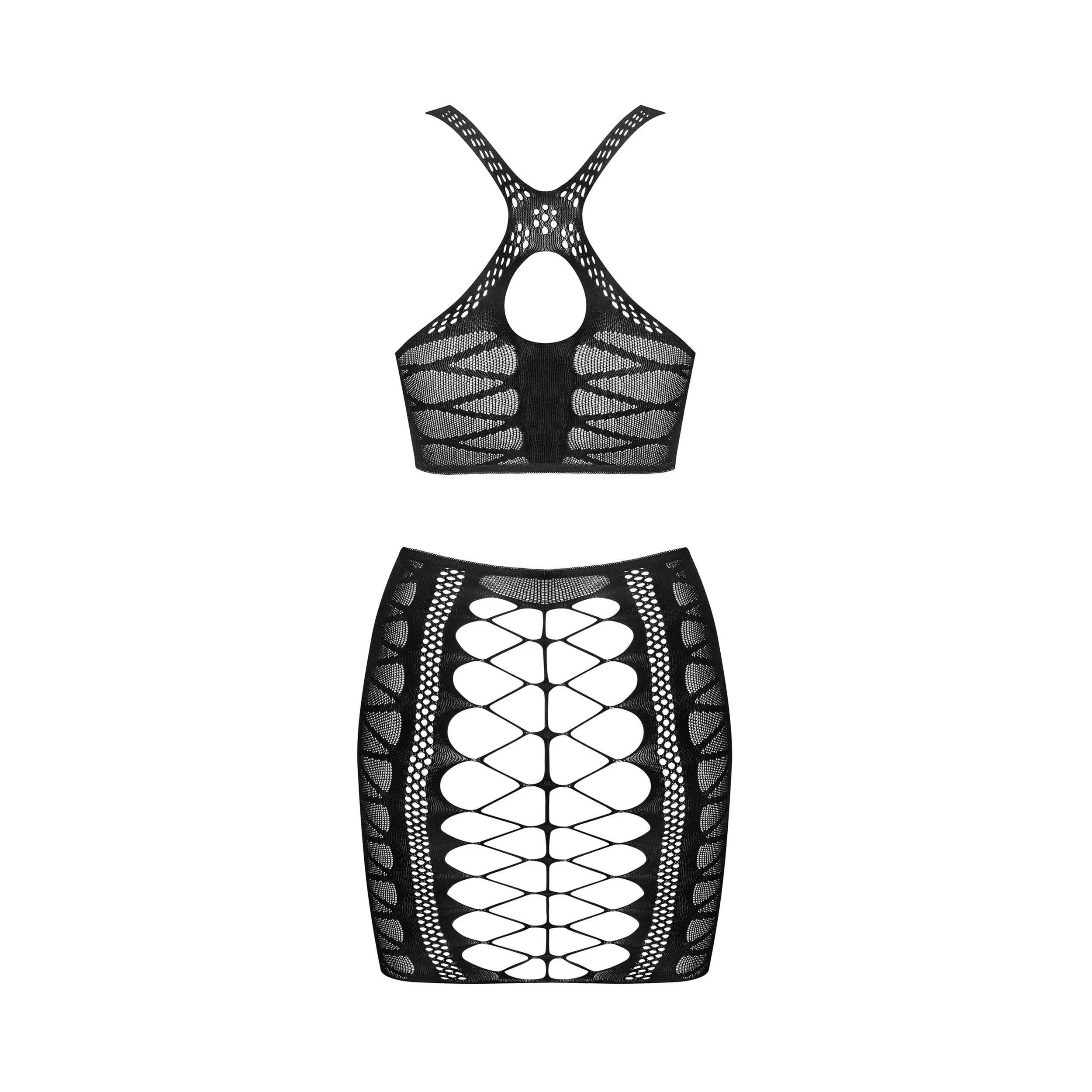 Ensemble jupe top noir sexy, découpes ajustées, silhouette féminine, nylon élasthanne, élégant et séduisant.