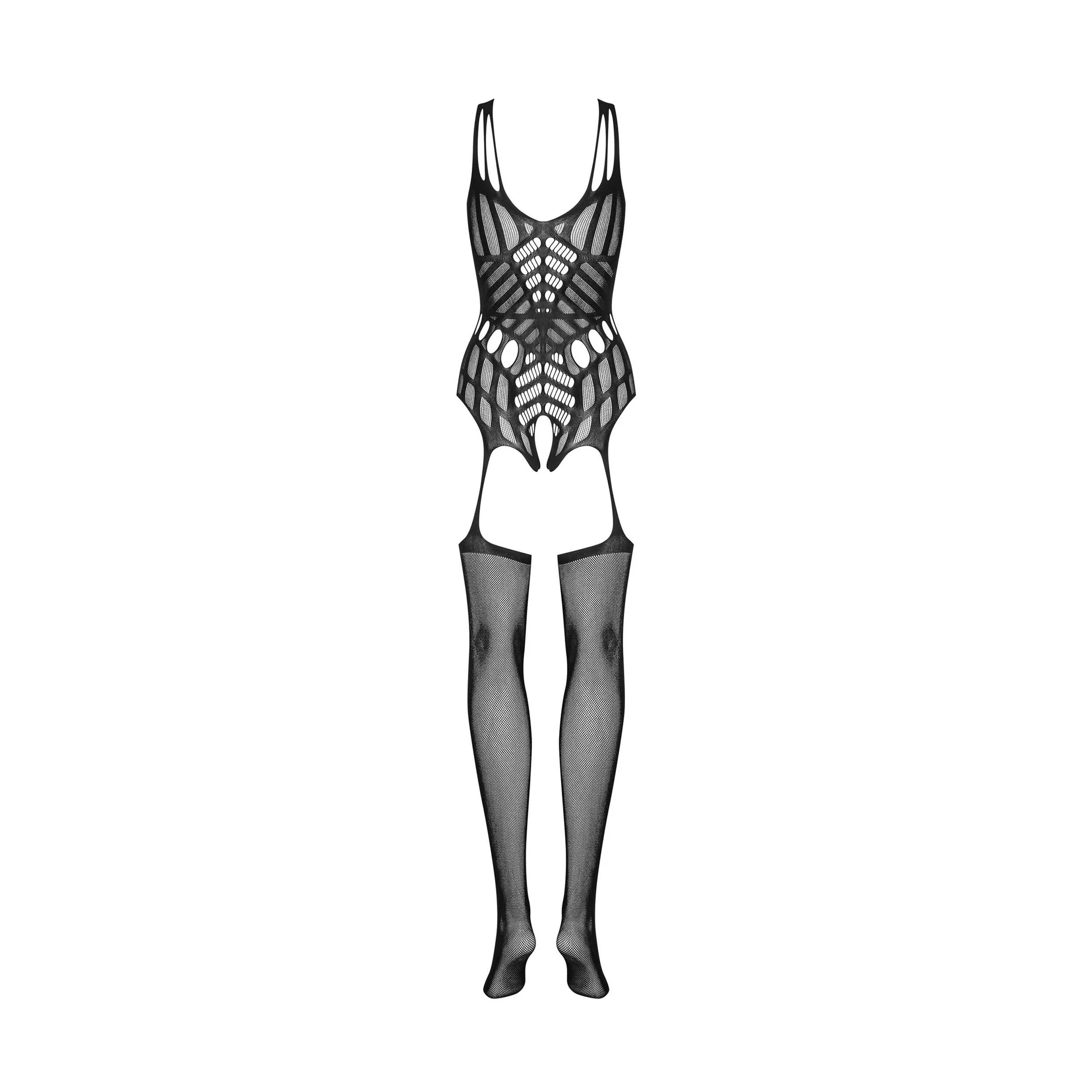 Bodystocking noir motifs géométriques, tissu flexible, ajustement parfait, silhouette flatteuse, nylon élasthanne soyeux.
