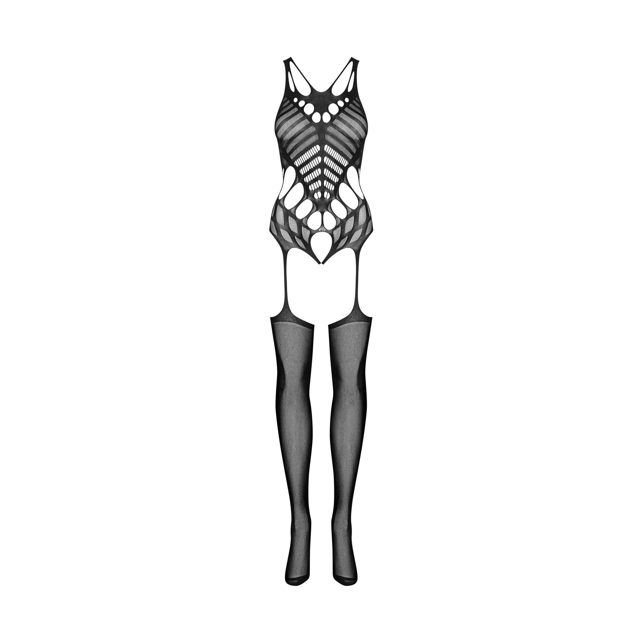 Bodystocking noir motifs géométriques, tissu flexible, ajustement parfait, silhouette flatteuse, nylon élasthanne.