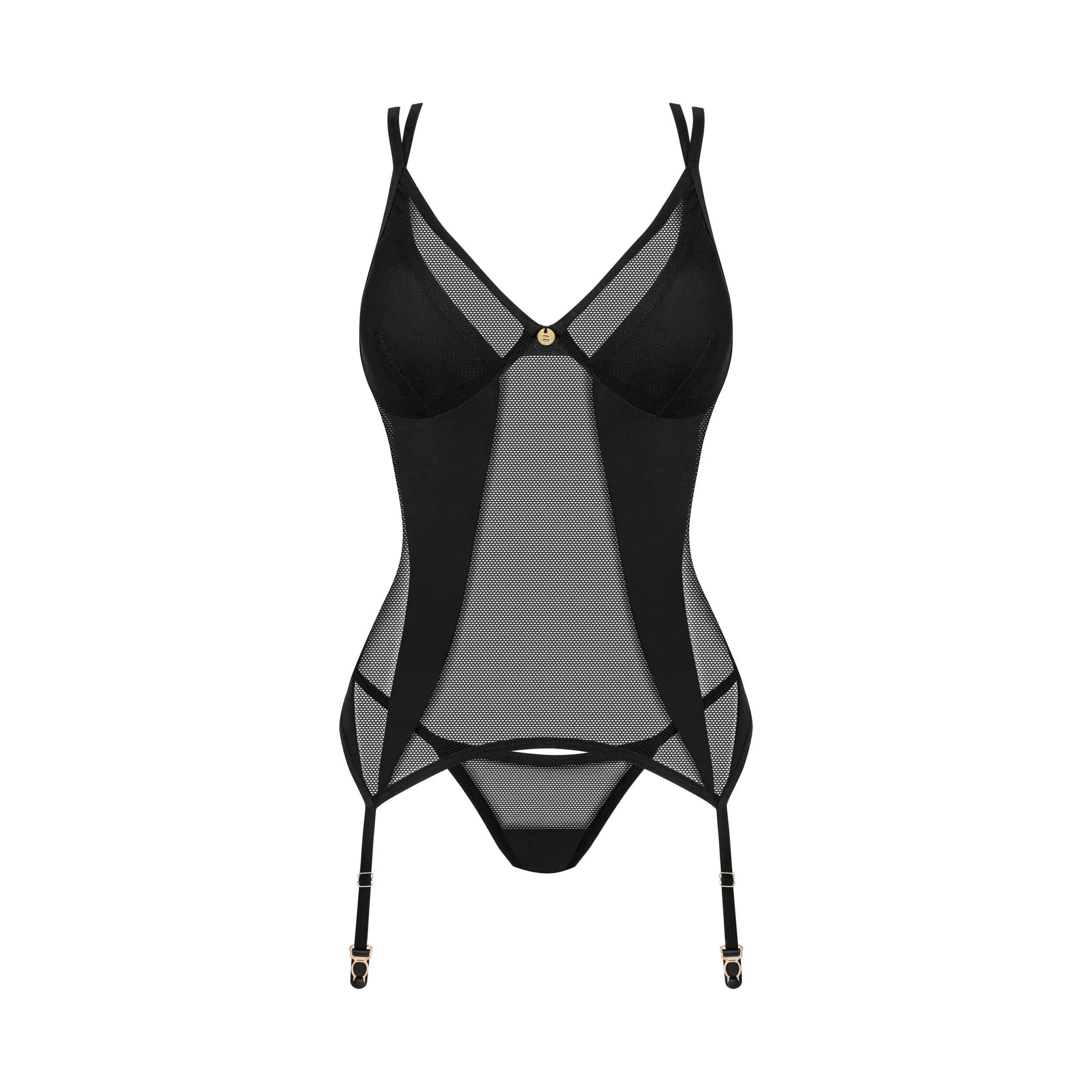 Nesari corset string noir doux maille transparente jarretelles intégrées sangles réglables armatures élégant pendentif brillant sensualité raffinée confort tailles variées