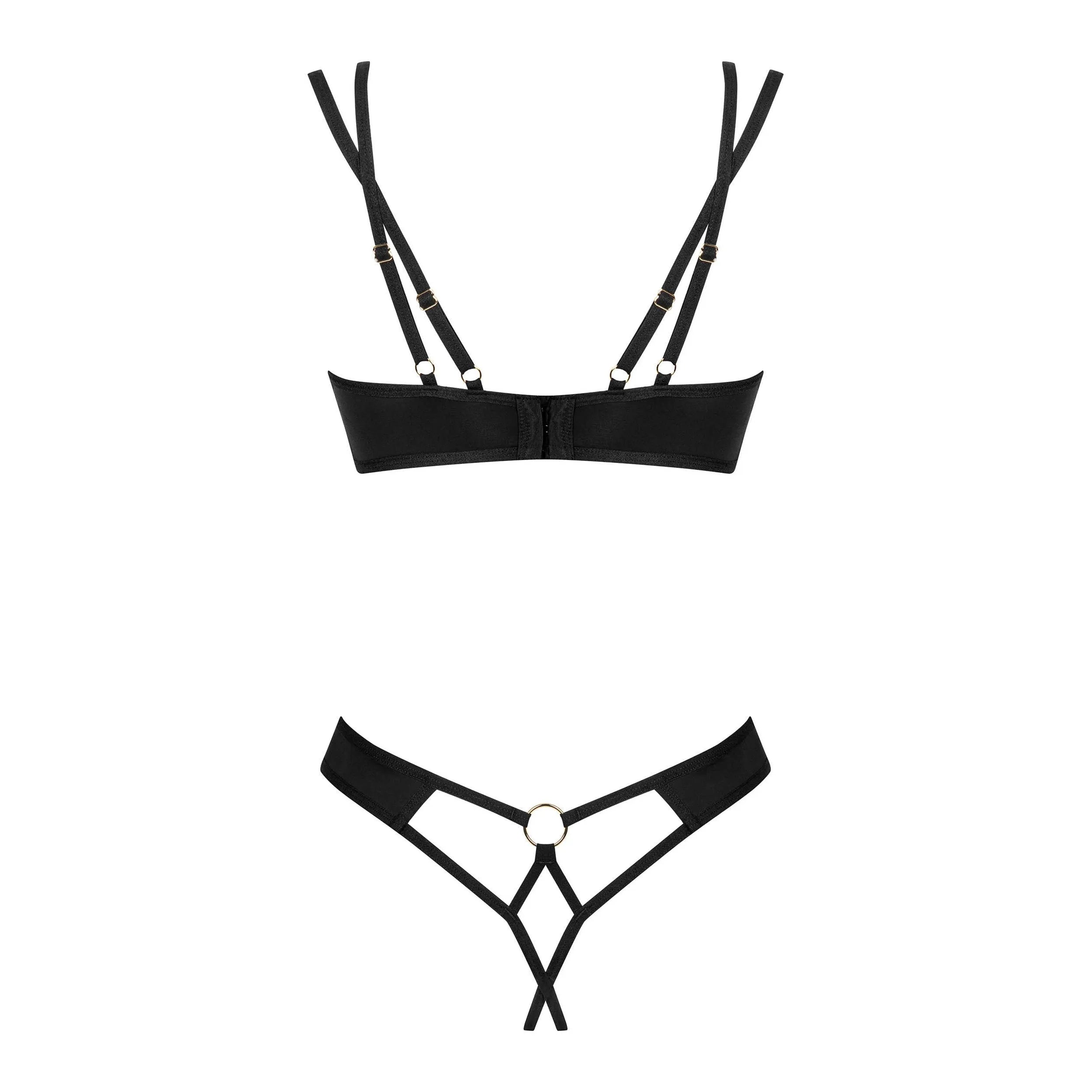 Nesari ensemble ouvert deux pièces noir soutiengorge string pendentif doré réglable sangles transparent lisse sensuel raffiné