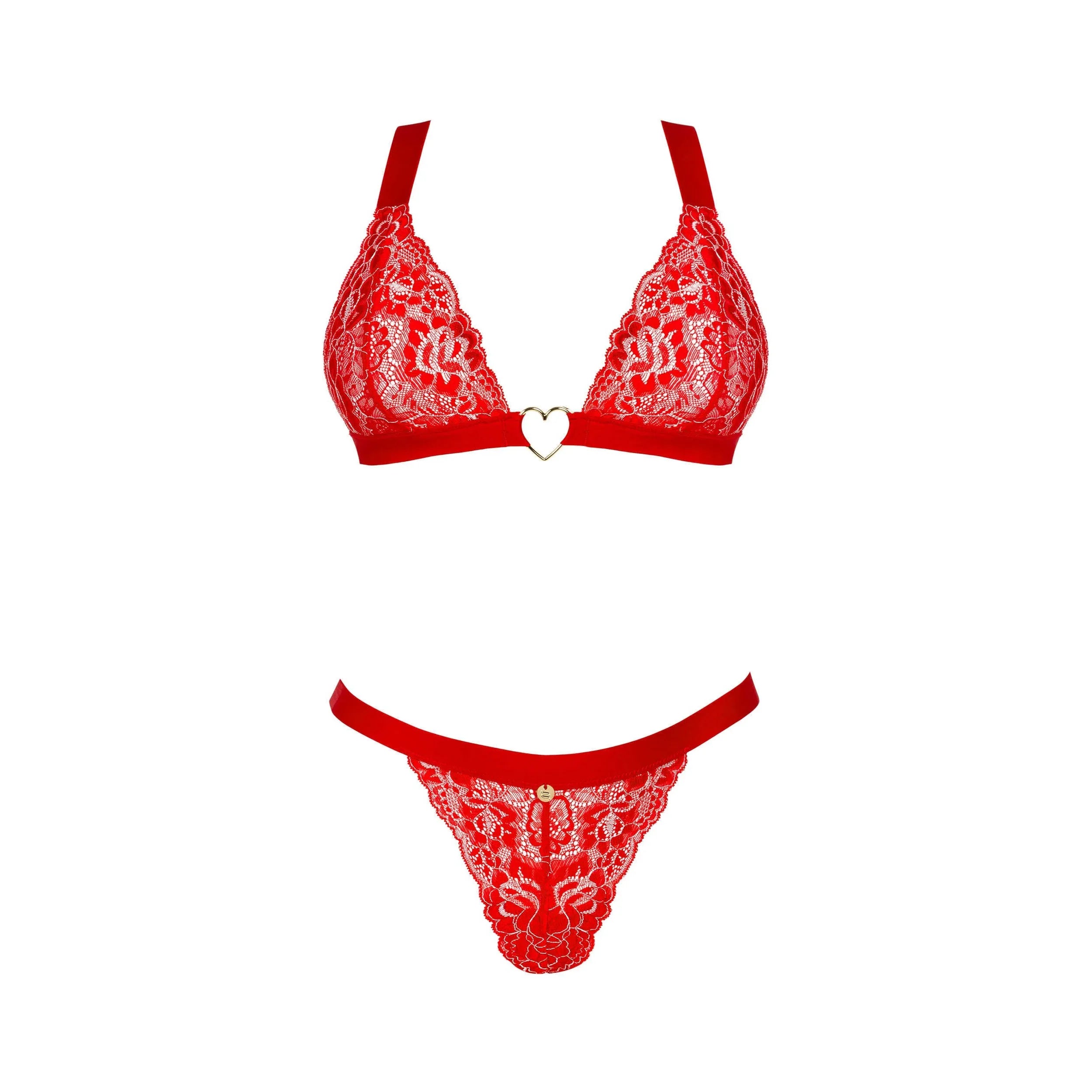 Ensemble lingerie rouge dentelle avec détails dorés, soutien-gorge et string, bretelles réglables, pendentif cœur.