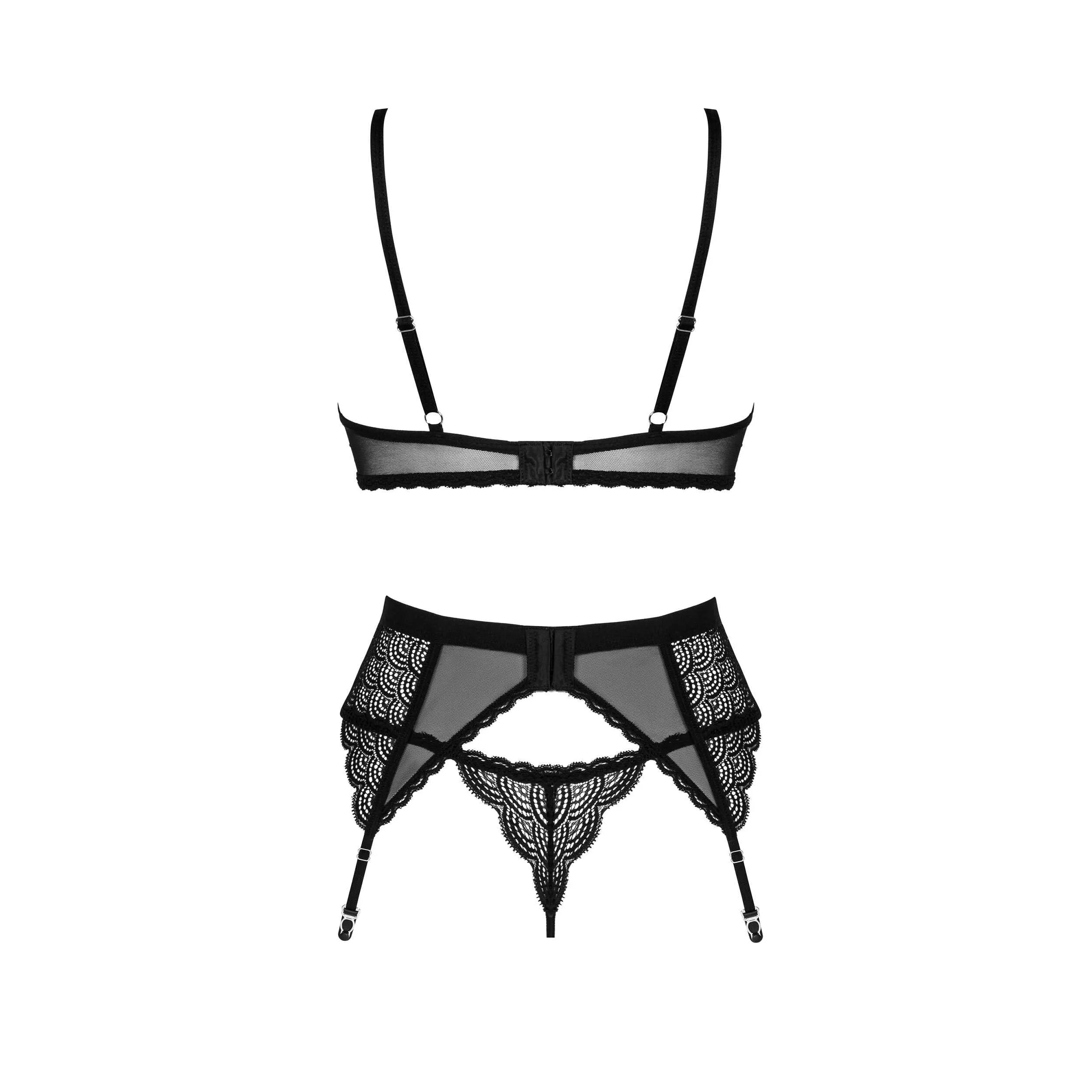 Ensemble lingerie noir 3 pièces avec dentelle, porte-jarretelles, soutien-gorge rembourré, string, bretelles réglables.