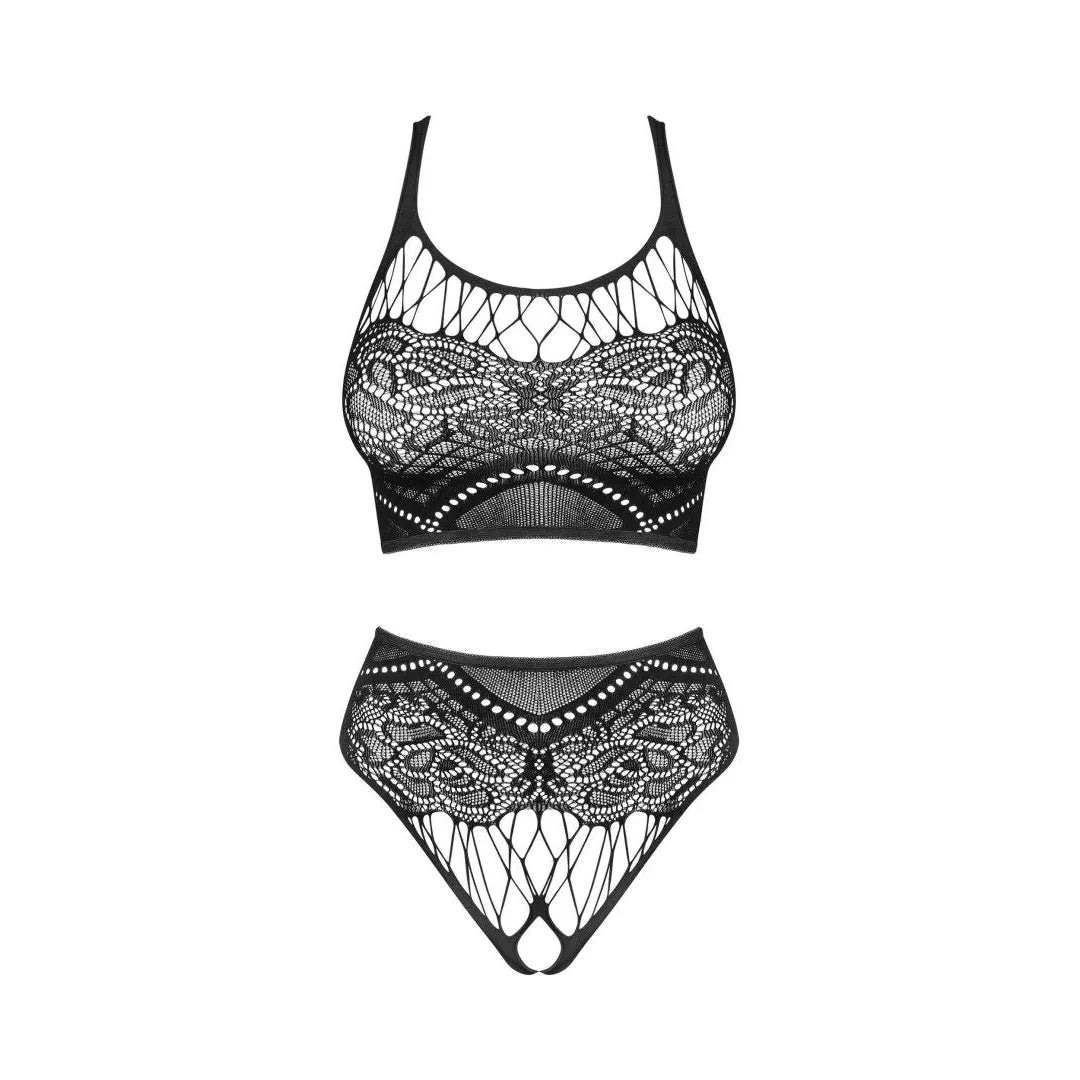 Ensemble lingerie dentelle noire K103, coupe ouverte, ajustement parfait, design sophistiqué et transparent.