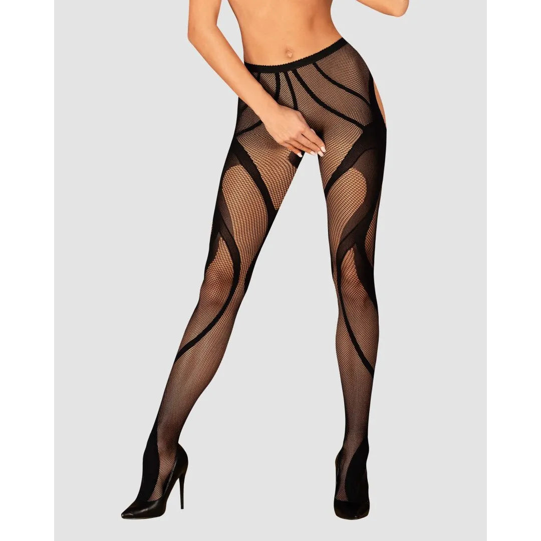 Collant noir ouvert entrejambe, rayures ondulées, maille fine, élégant et sensuel, extensible, en polyamide et élasthanne.