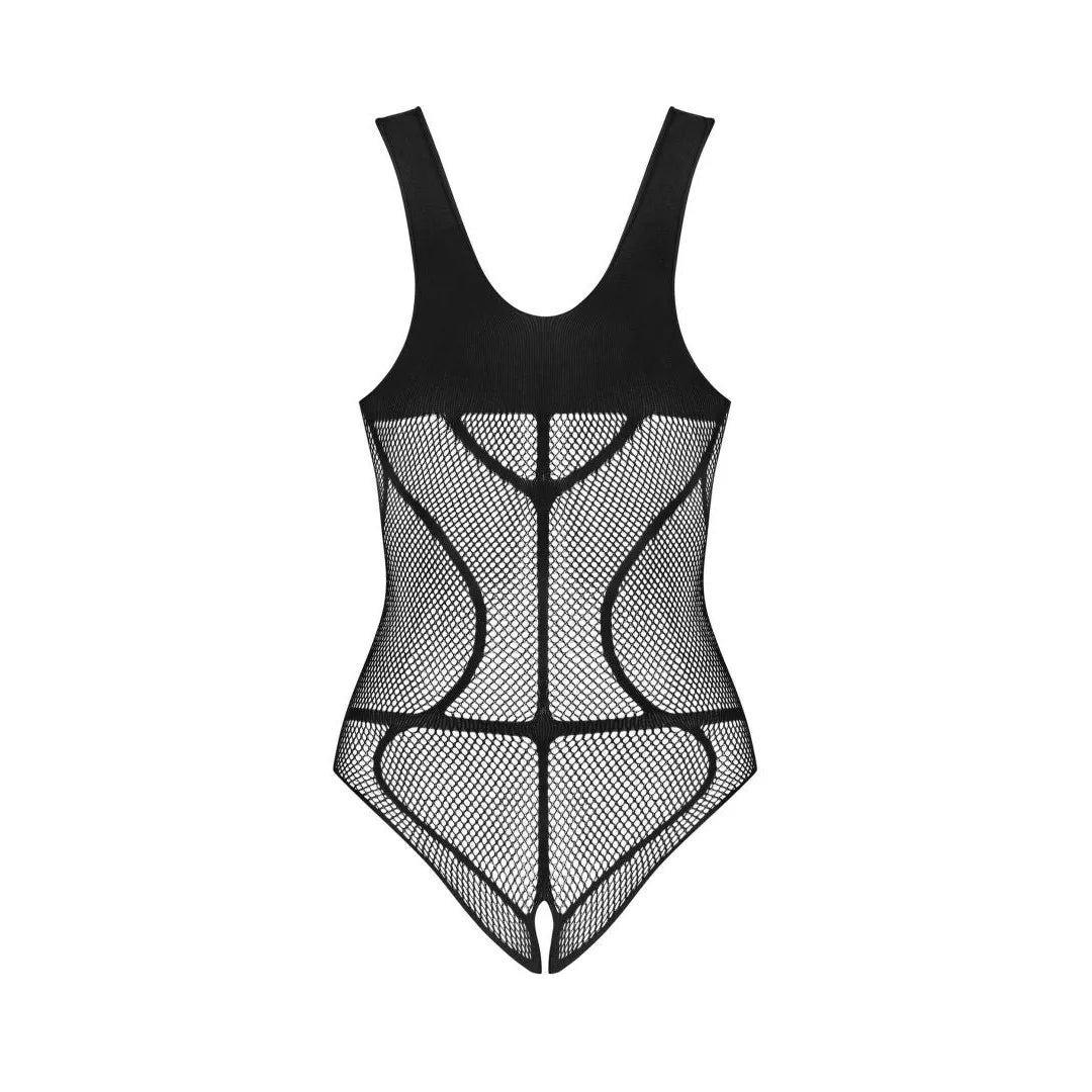 Body noir en maille transparente avec motif géométrique, entrejambe ouvert, design élégant et ajustement extensible.