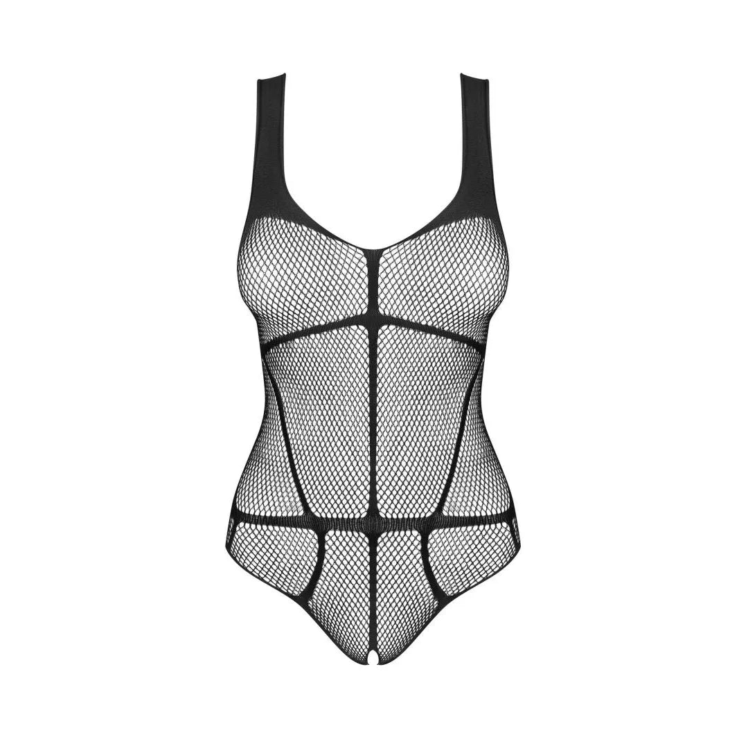 Body noir en maille à motif intrigant, entrejambe ouvert, design élégant et ajustement extensible pour séduction et confort.