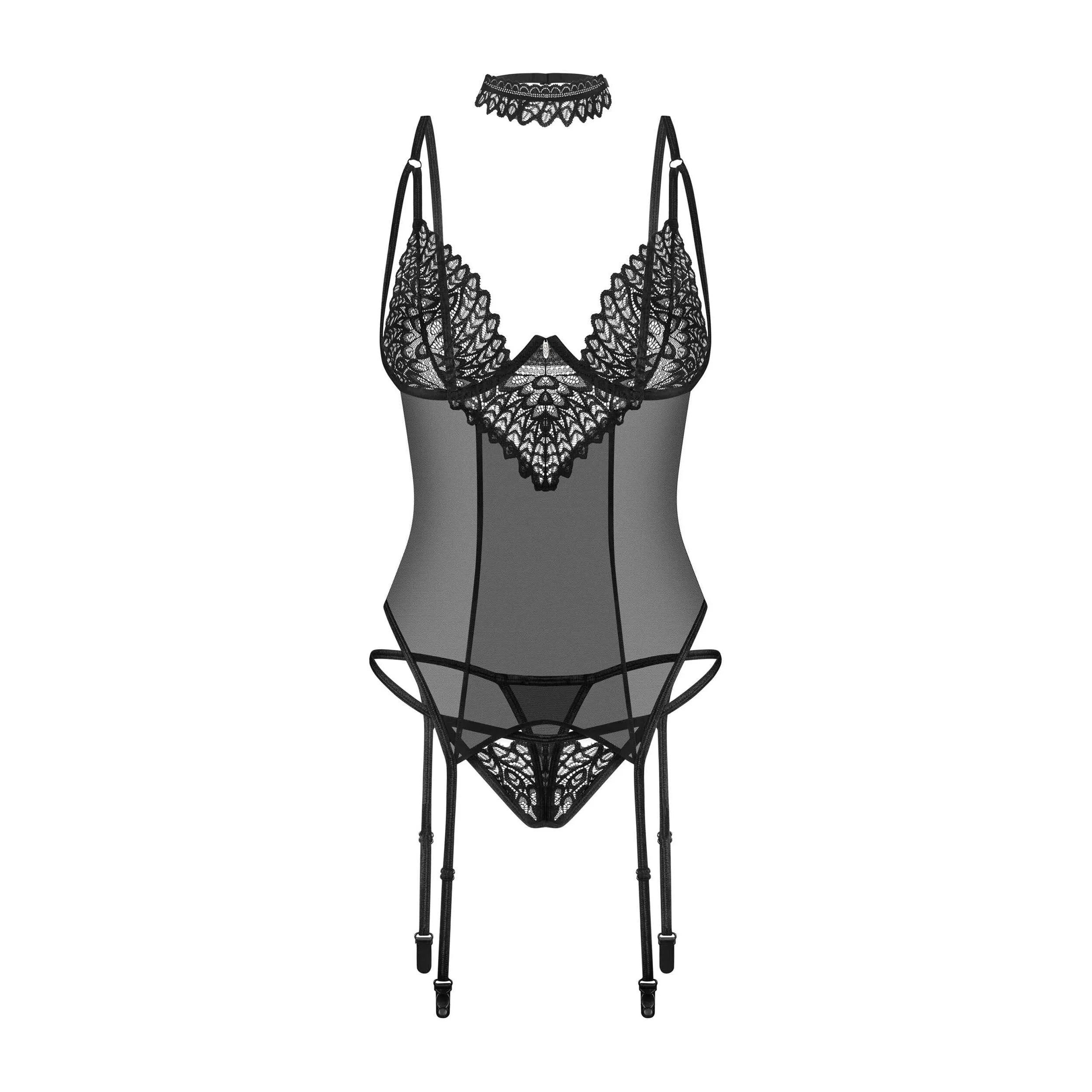 Corset noir Donarella en dentelle avec laçage ajustable, bonnets à armatures, string assorti et collier ras du cou élégant.