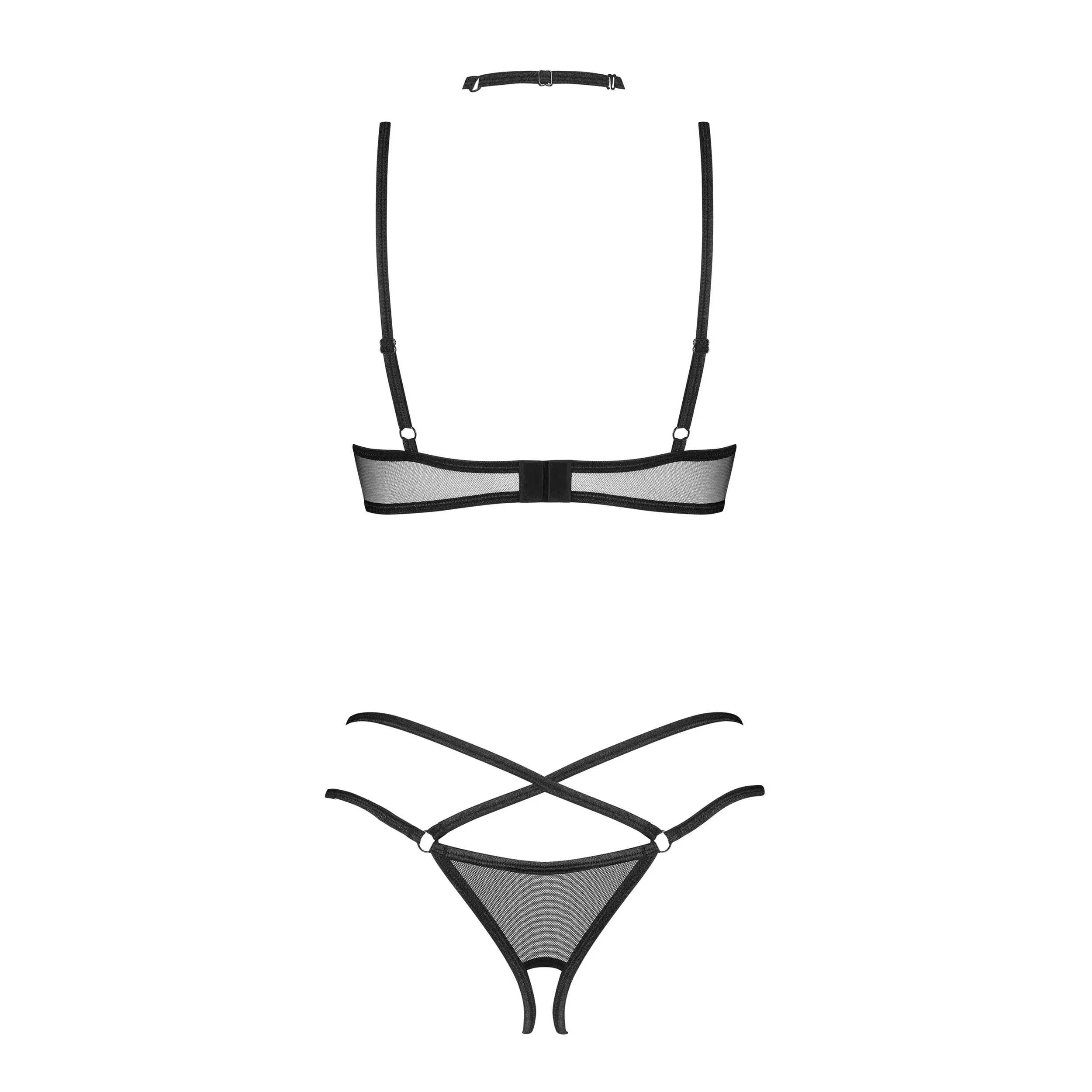 Ensemble lingerie noir dentelle trois pièces, demi soutien-gorge à armatures, pendentif brillant, motifs végétaux.