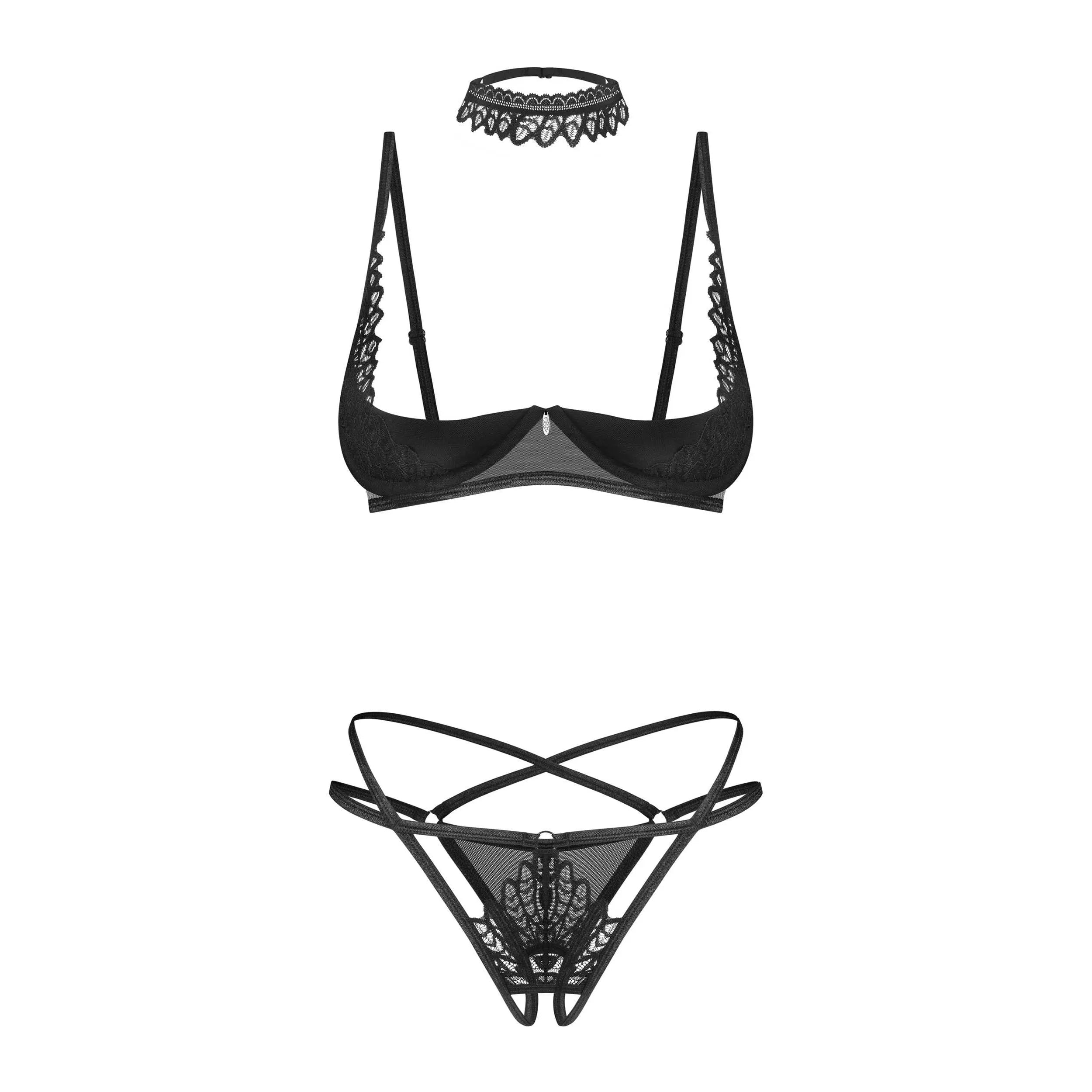 Ensemble lingerie noir dentelle trois pièces avec pendentif brillant, demi soutien-gorge armatures et motifs végétaux.