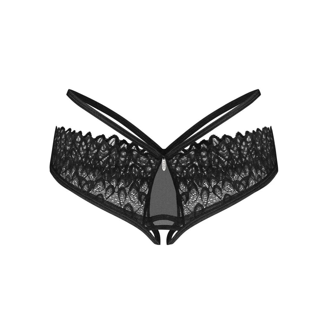 Culotte ouverte noire en dentelle fine avec strass scintillants, design élégant et sensuel, confort extensible.