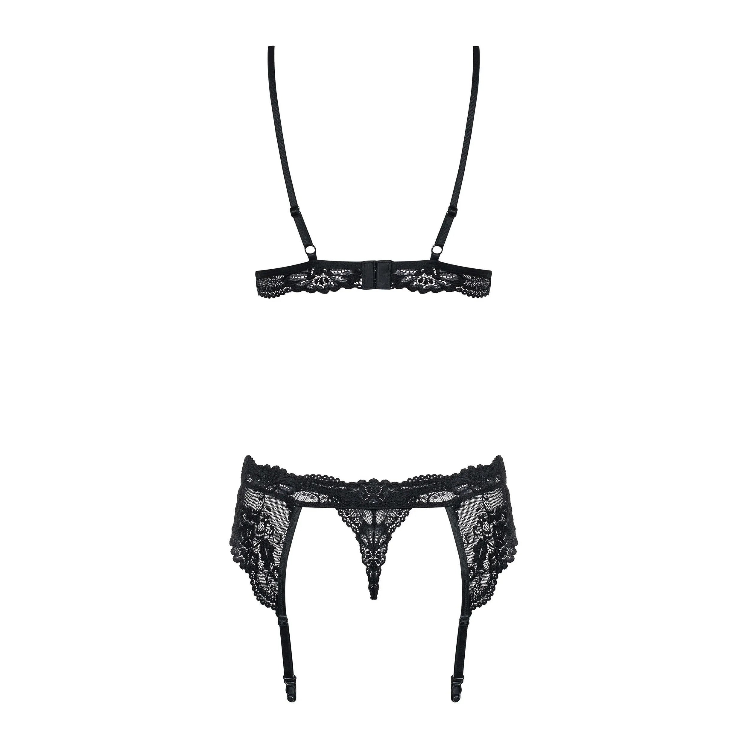 Ensemble lingerie dentelle noire sculptante, soutien-gorge et porte-jarretelles ajustables, motifs élégants et sexy.